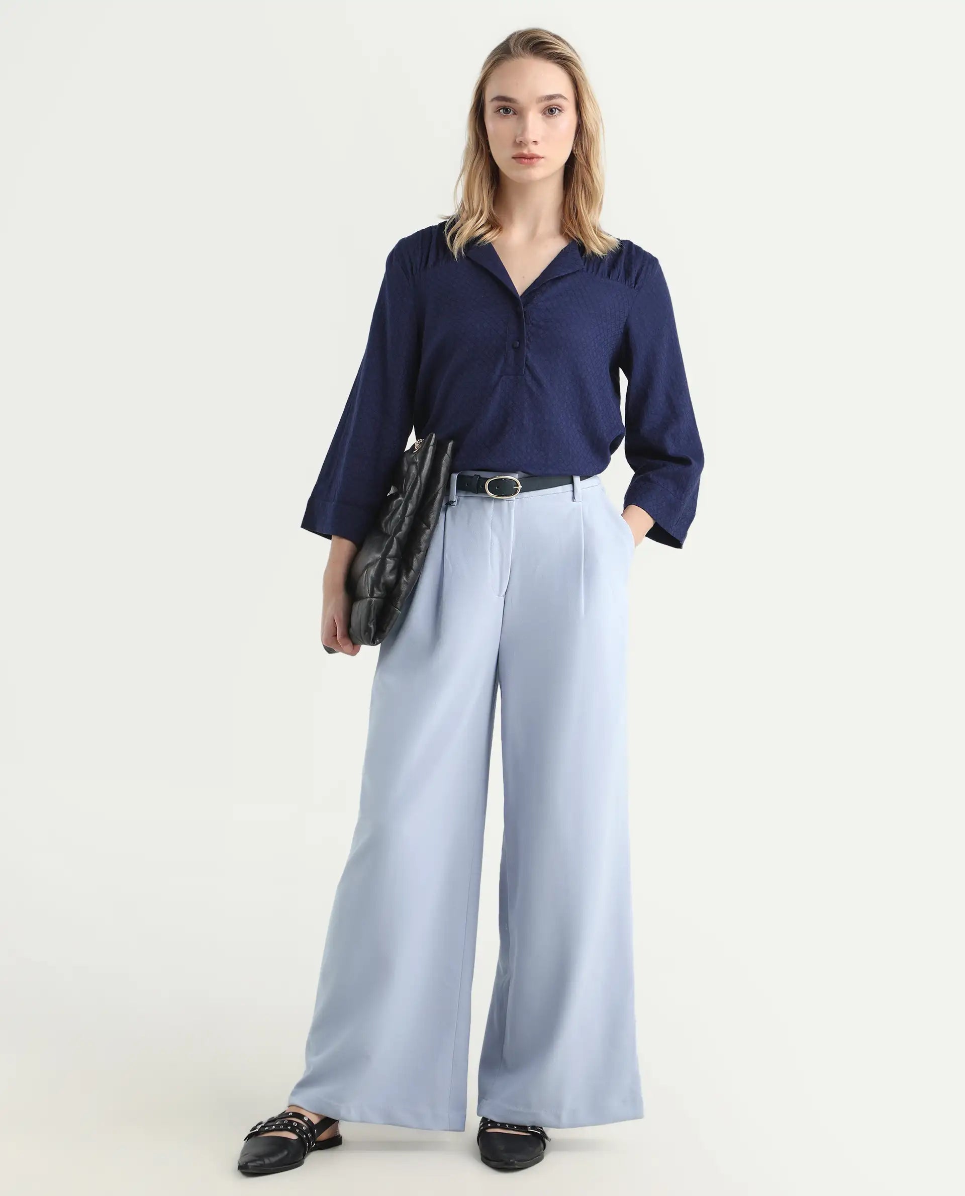 Rareism Women's Erica Grey Polyester Blend Plain Ankle Length Wide Trouser