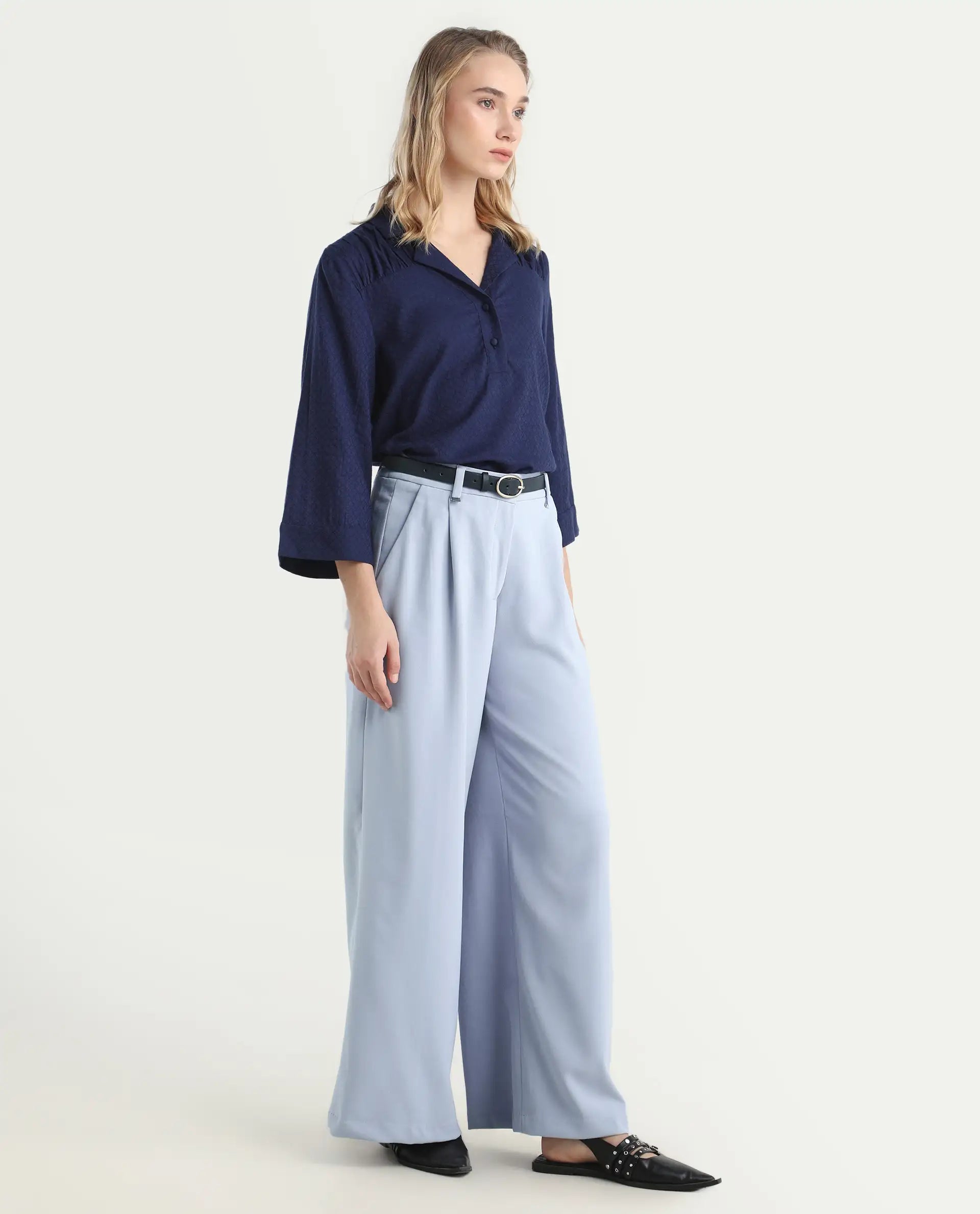 Rareism Women's Erica Grey Polyester Blend Plain Ankle Length Wide Trouser