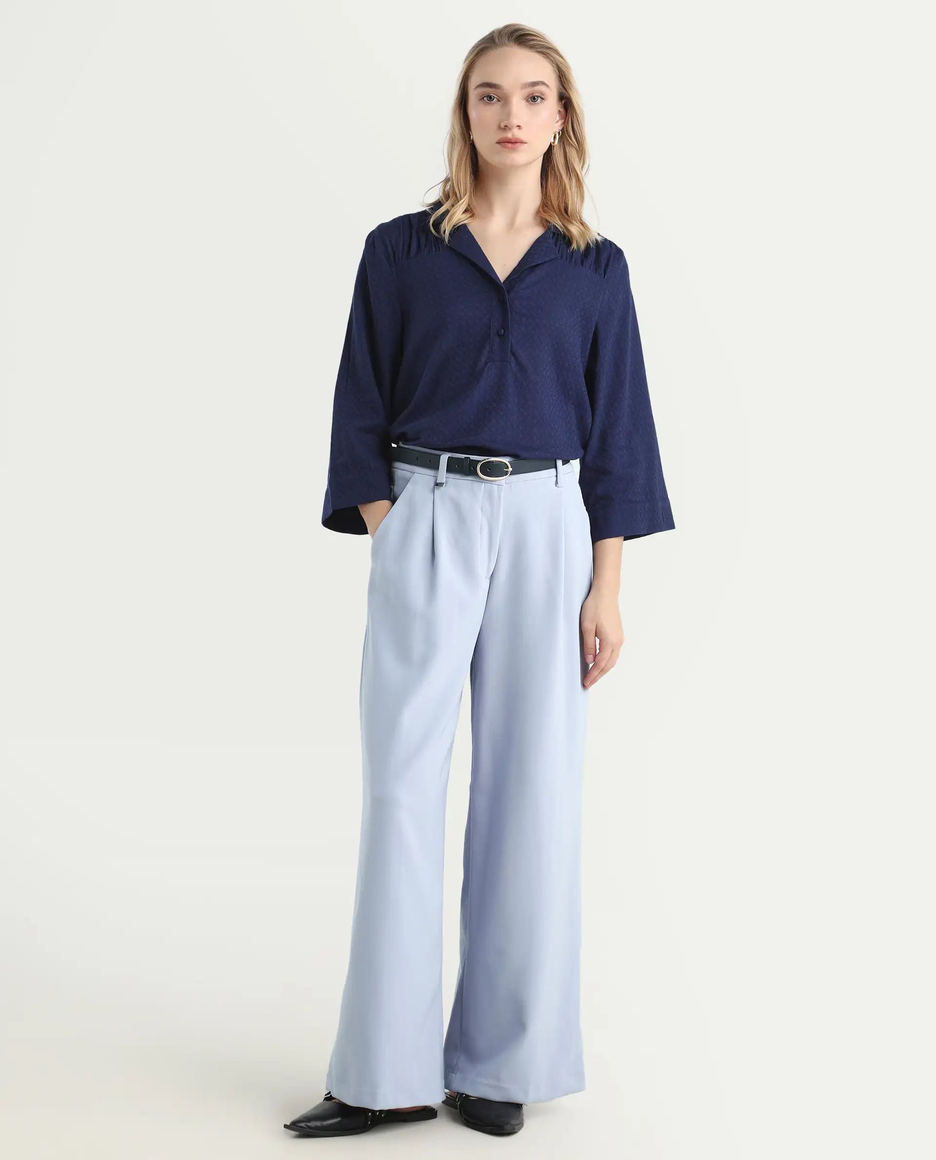 Rareism Women's Erica Grey Polyester Blend Plain Ankle Length Wide Trouser