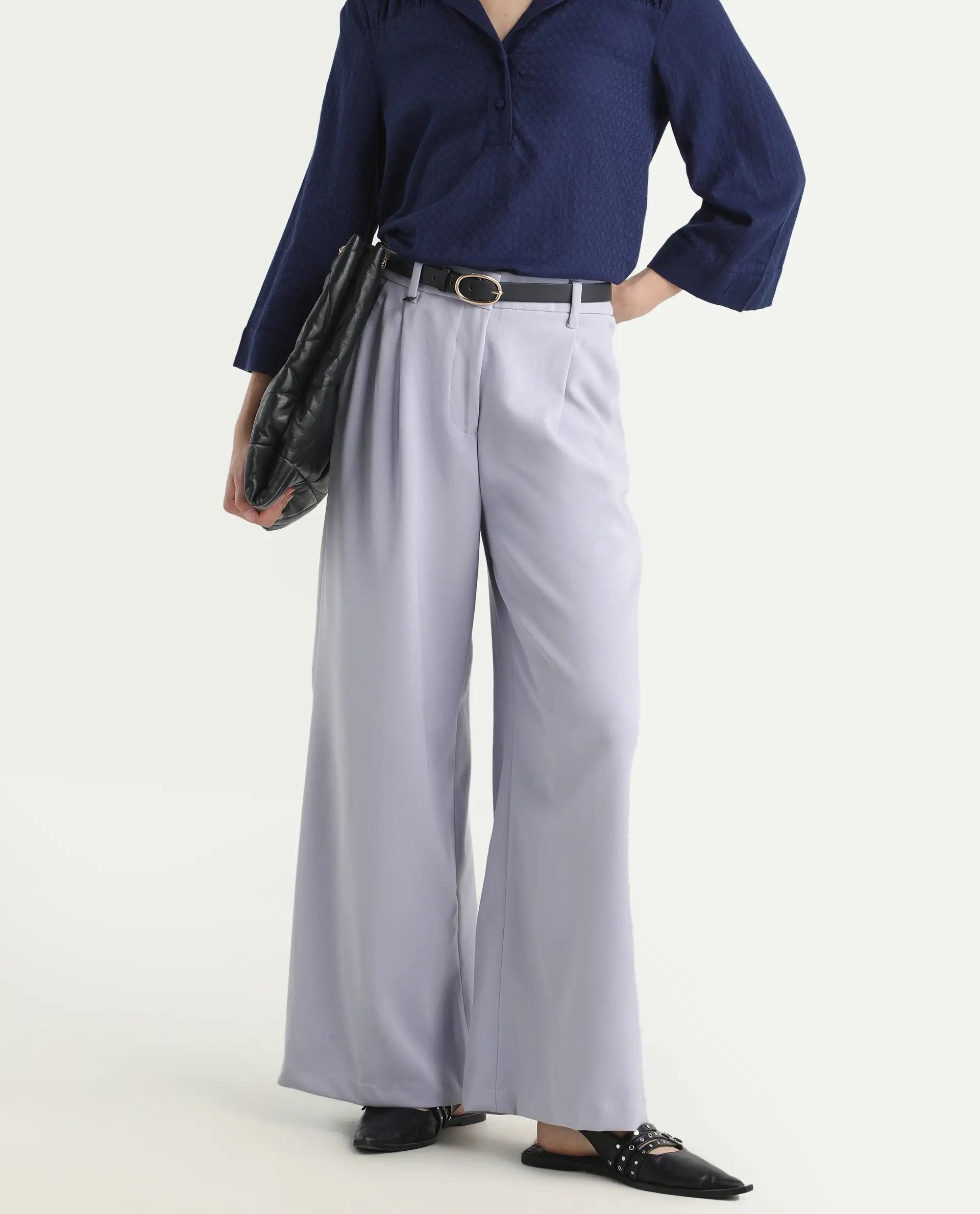 Rareism Women's Erica Grey Polyester Blend Plain Ankle Length Wide Trouser