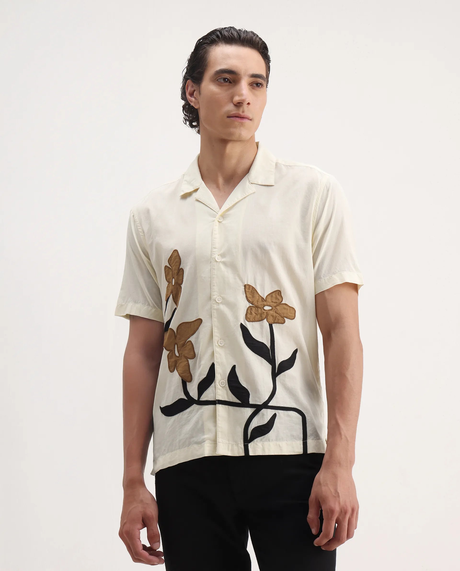 Rare Rabbit Men's Eric Off White Cotton Embroidered Boxy Fit Half Sleeve Cuban Collar Shirt