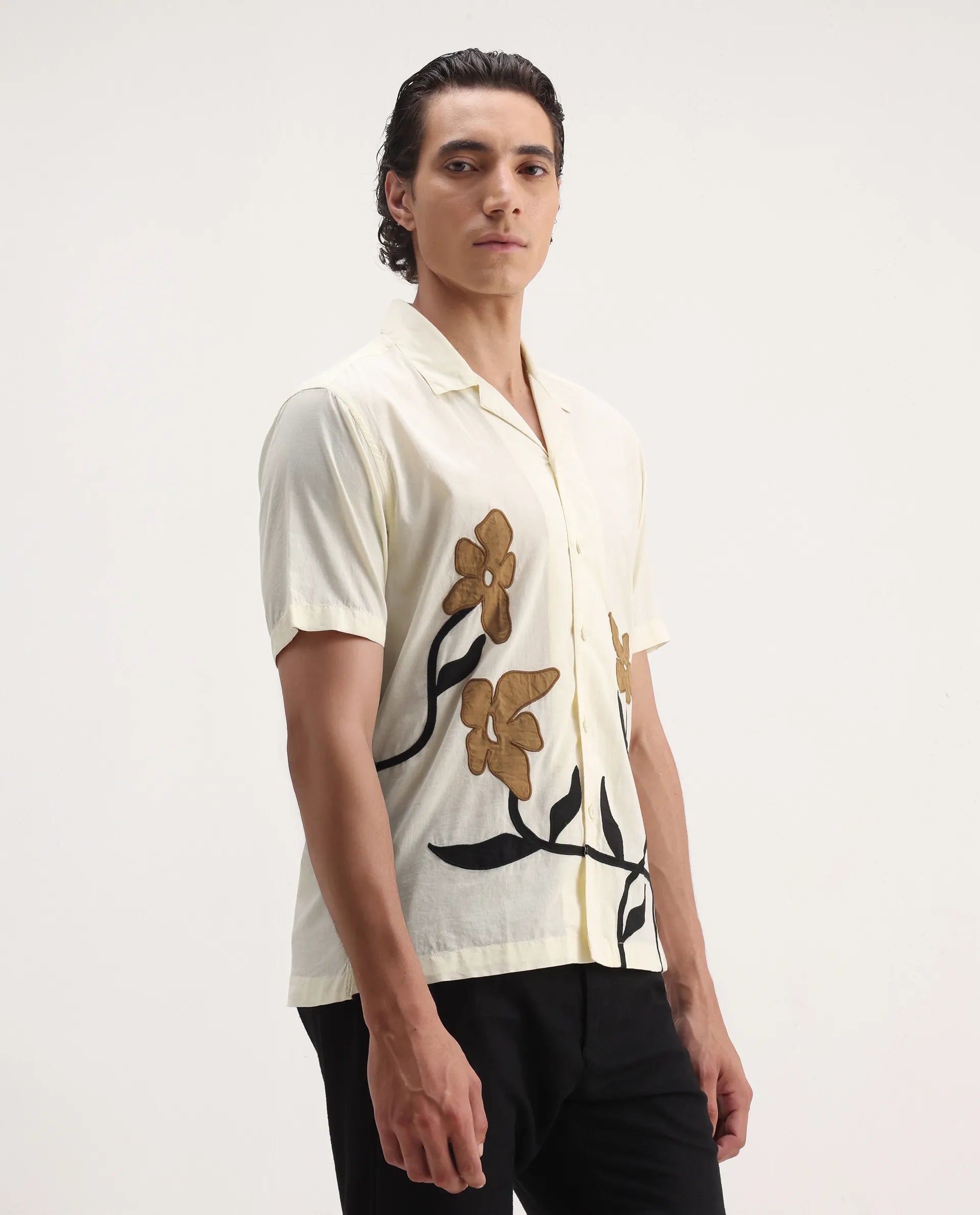 Rare Rabbit Men's Eric Off White Cotton Embroidered Boxy Fit Half Sleeve Cuban Collar Shirt