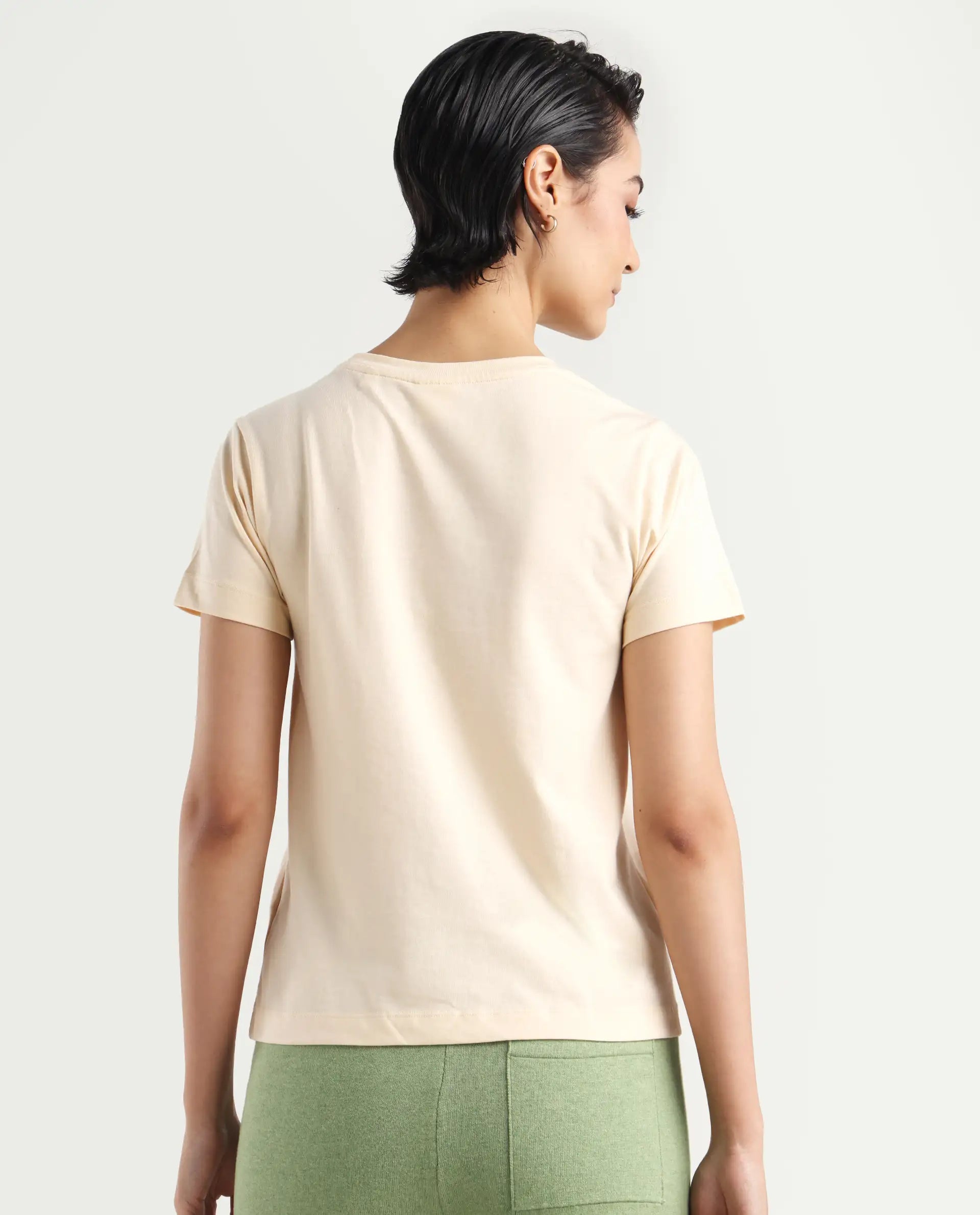 Rareism Women's Erin Light Beige Cotton Blend Crew Neck Graphic Print Regular Fit T-Shirt