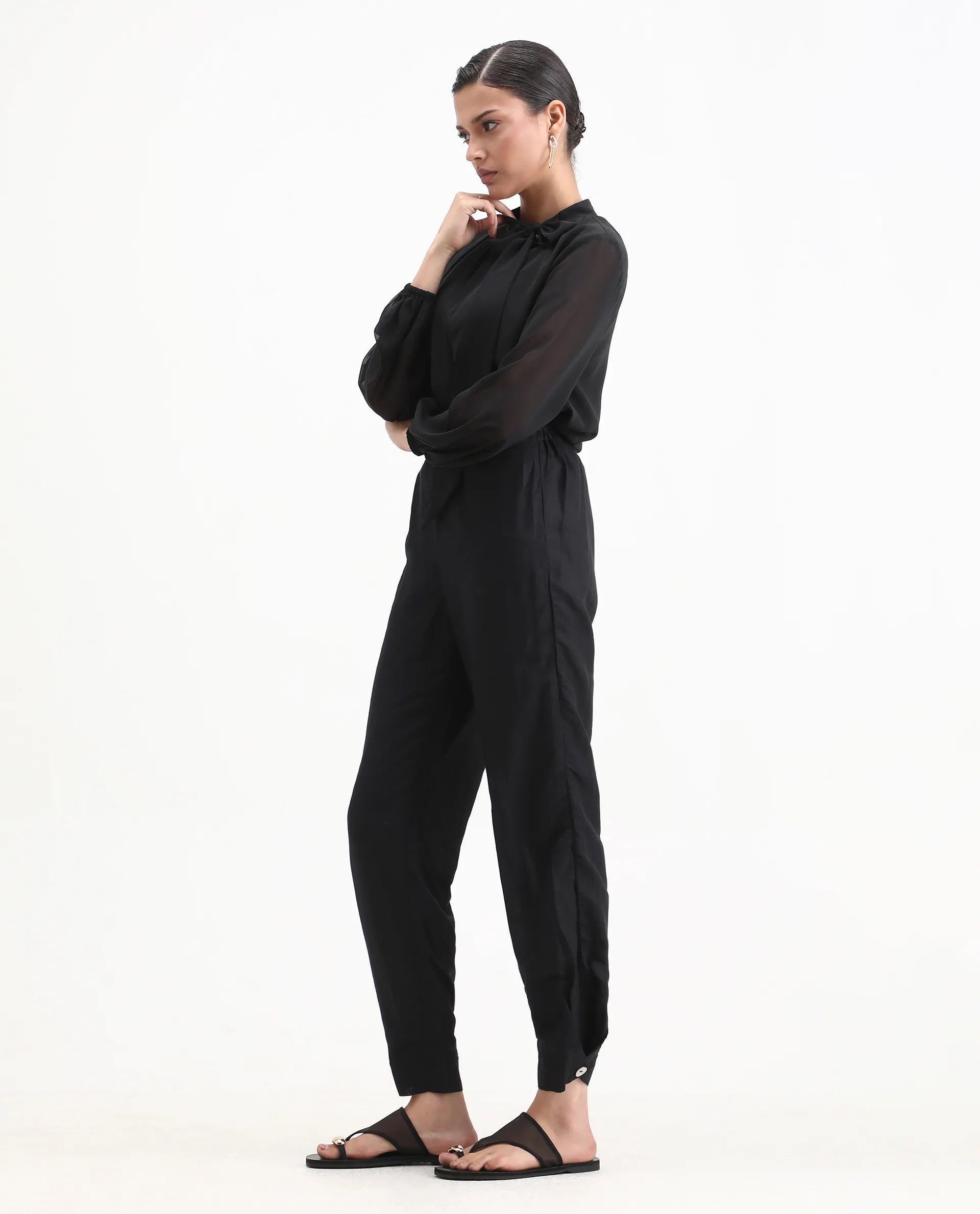 Rareism Women's Erin Black Cotton Linen Plain Ankle Length Tailored Trouser