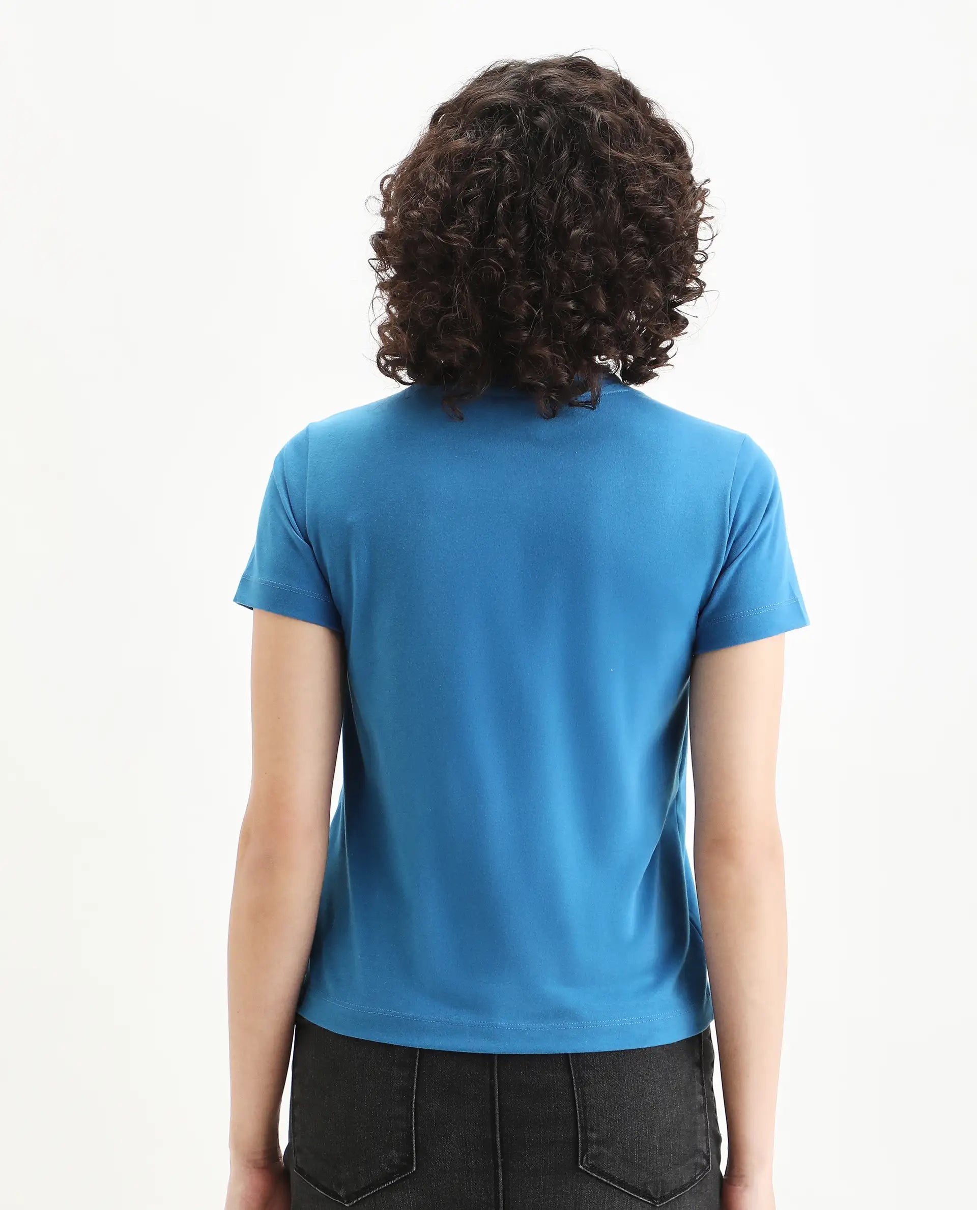 Rareism Women's Erin Blue Cotton Blend Crew Neck Graphic Print Regular Fit T-Shirt