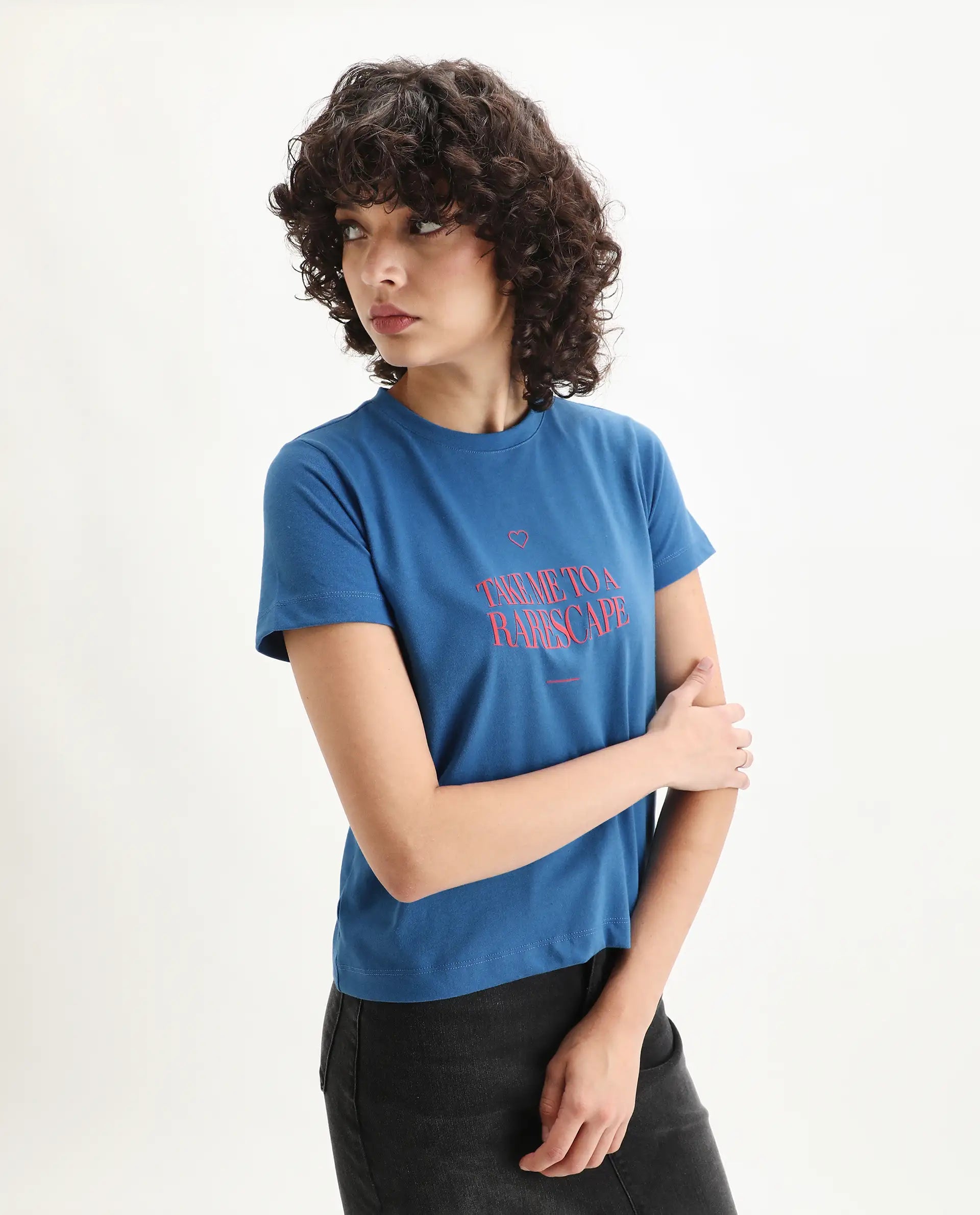 Rareism Women's Erin Blue Cotton Blend Crew Neck Graphic Print Regular Fit T-Shirt