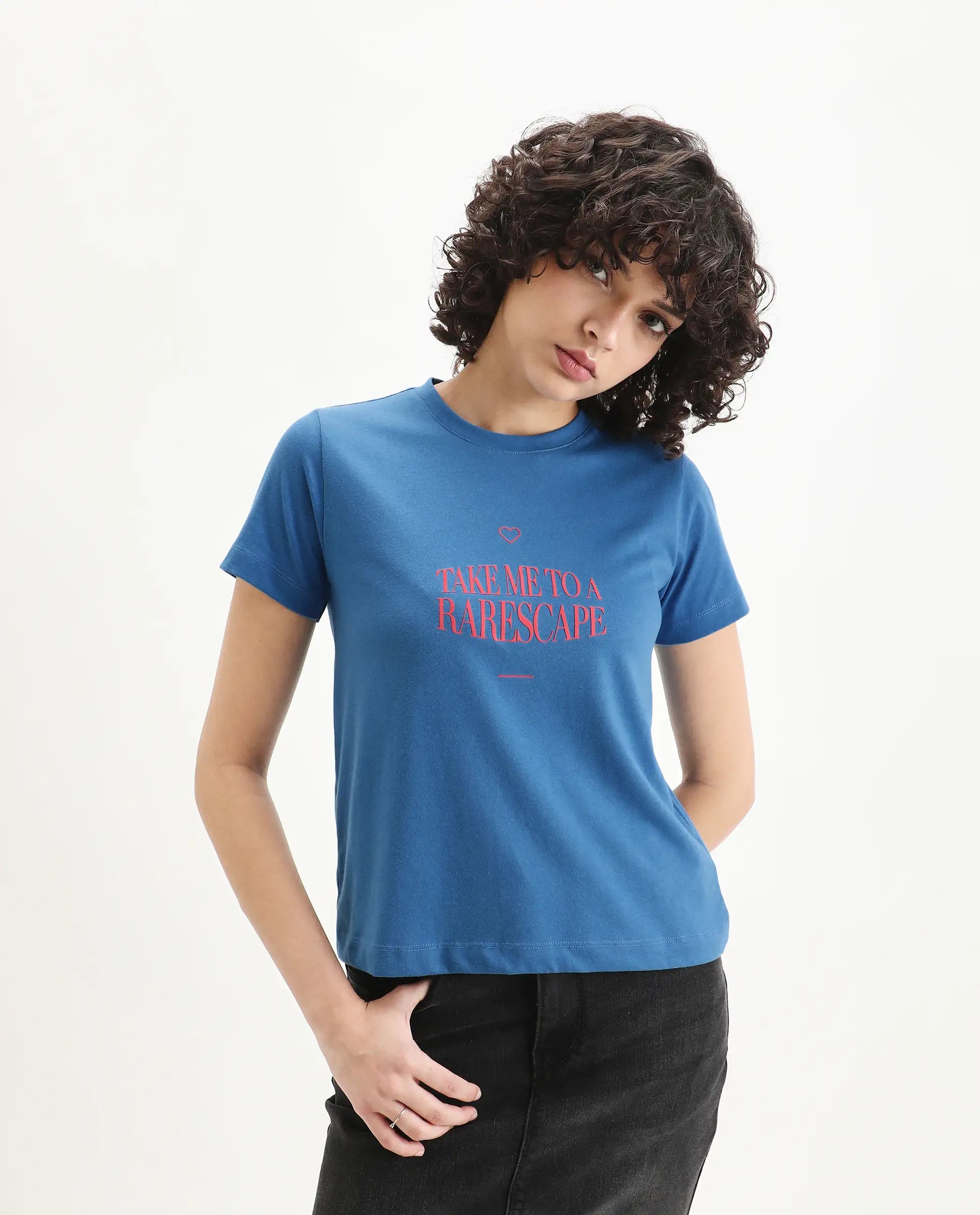 Rareism Women's Erin Blue Cotton Blend Crew Neck Graphic Print Regular Fit T-Shirt