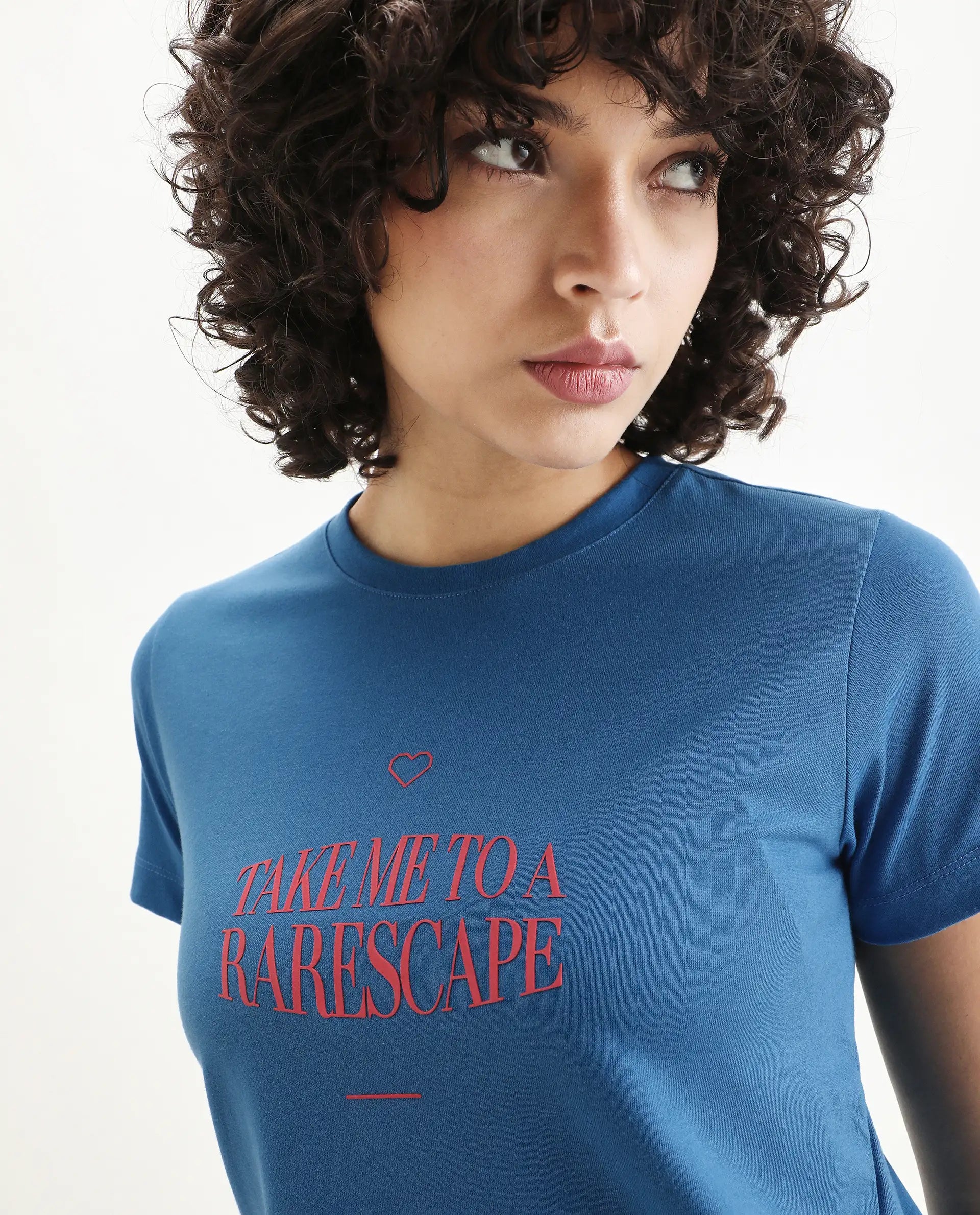 Rareism Women's Erin Blue Cotton Blend Crew Neck Graphic Print Regular Fit T-Shirt