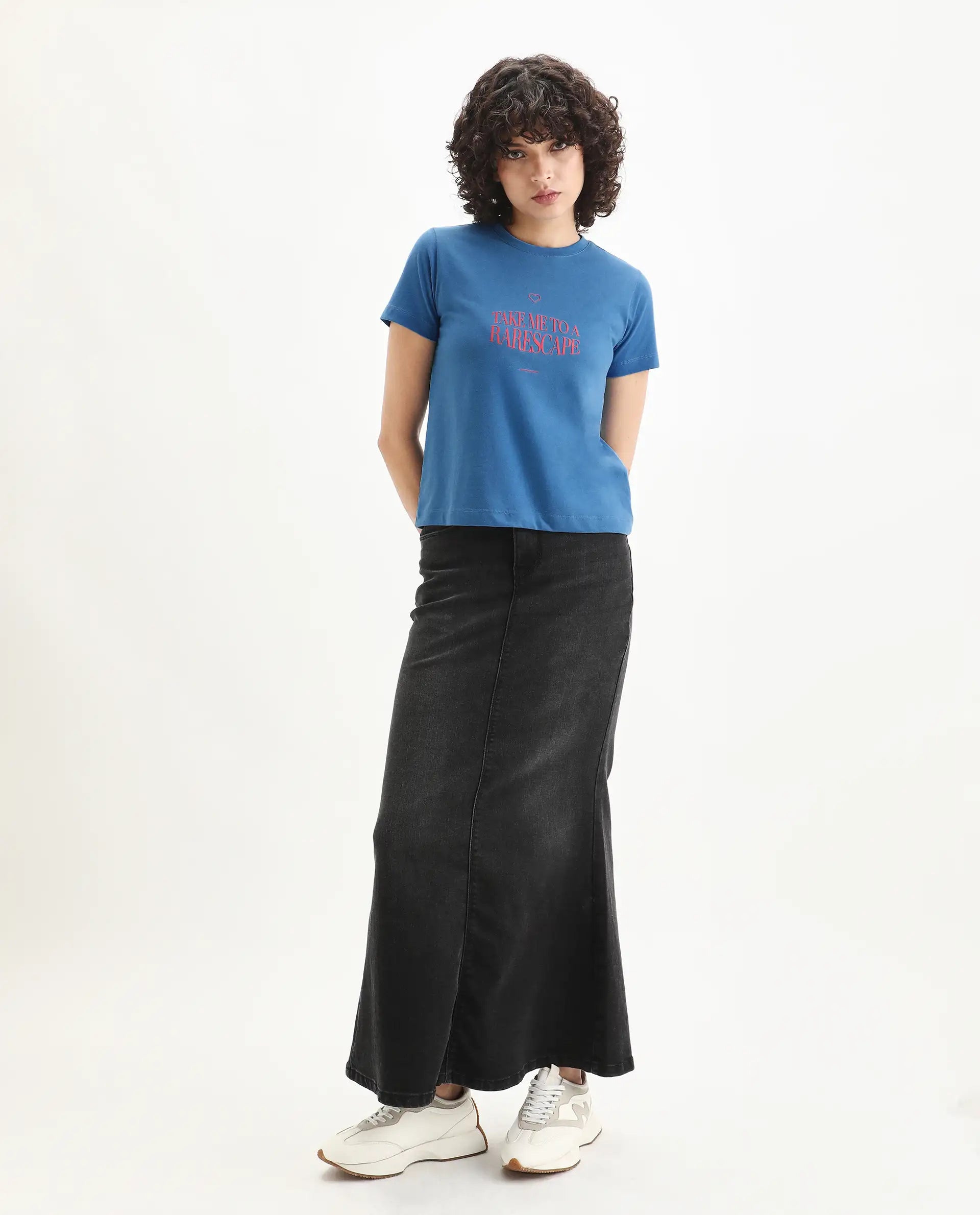 Rareism Women's Erin Blue Cotton Blend Crew Neck Graphic Print Regular Fit T-Shirt