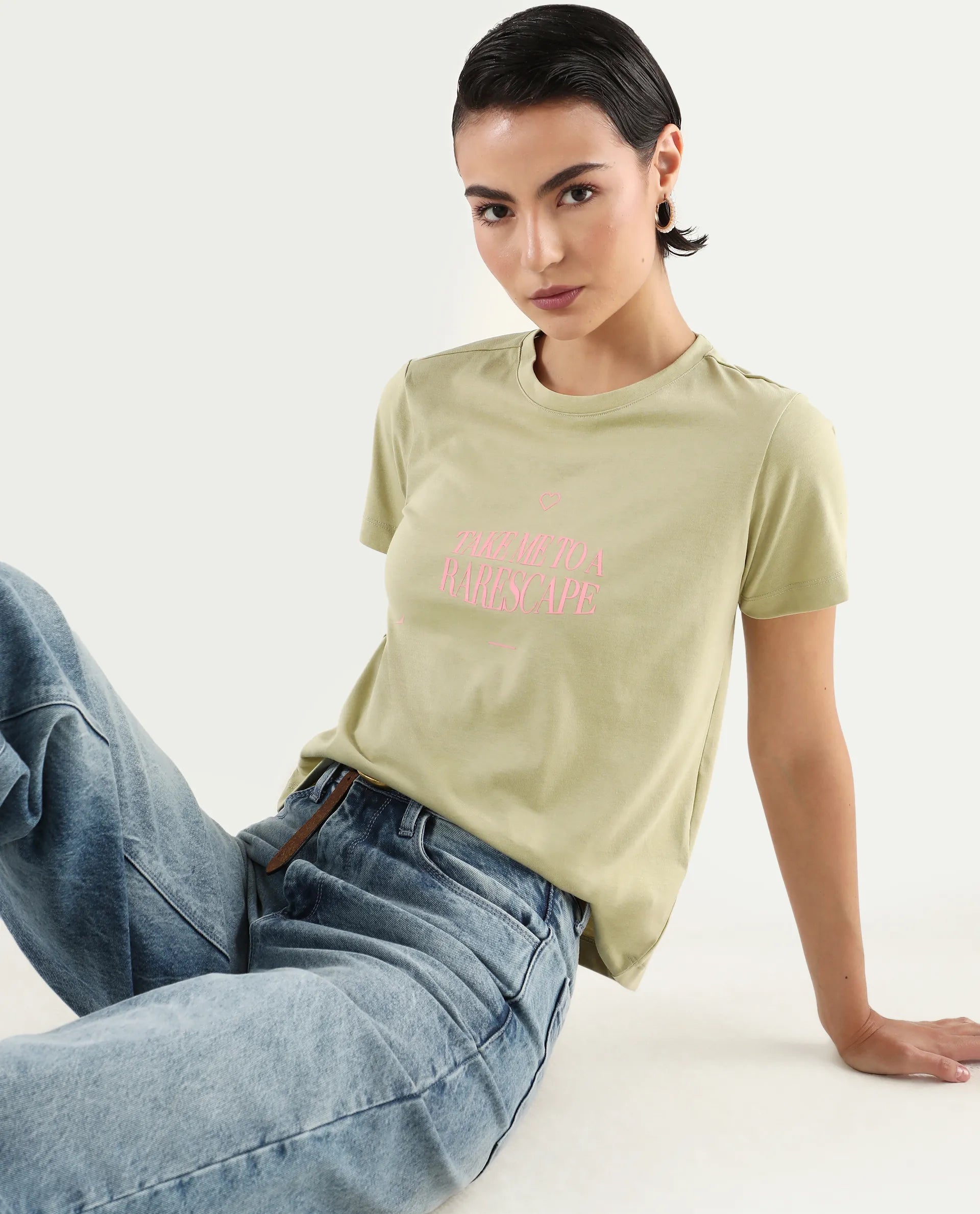 Rareism Women's Erin Light Green Cotton Blend Crew Neck Graphic Print Regular Fit T-Shirt