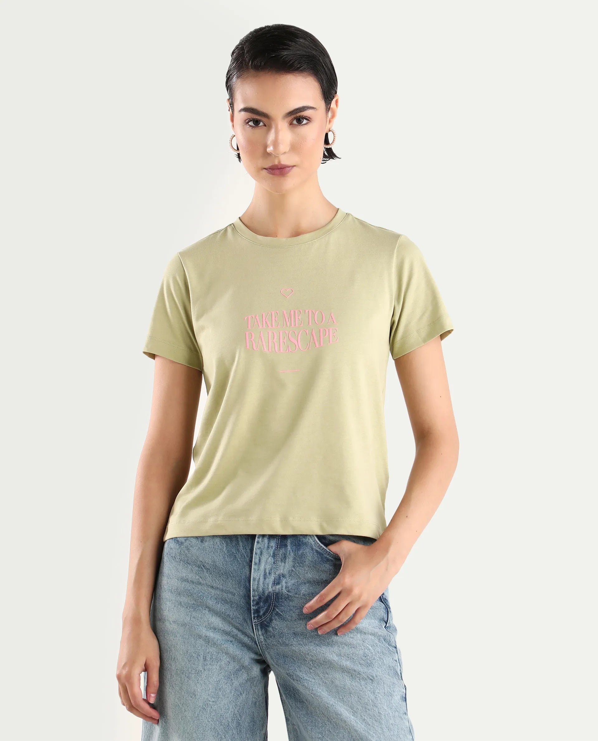 Rareism Women's Erin Light Green Cotton Blend Crew Neck Graphic Print Regular Fit T-Shirt