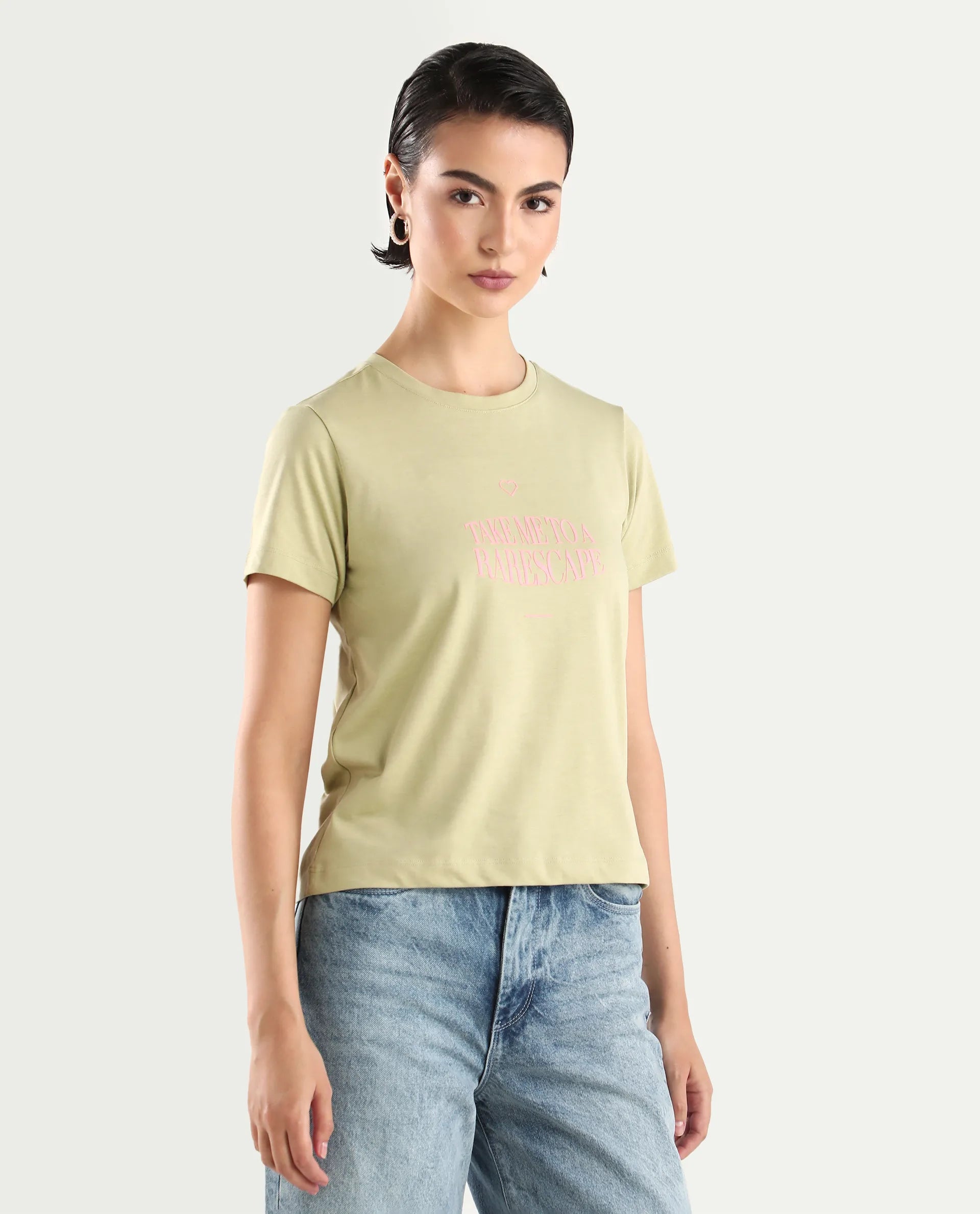 Rareism Women's Erin Light Green Cotton Blend Crew Neck Graphic Print Regular Fit T-Shirt