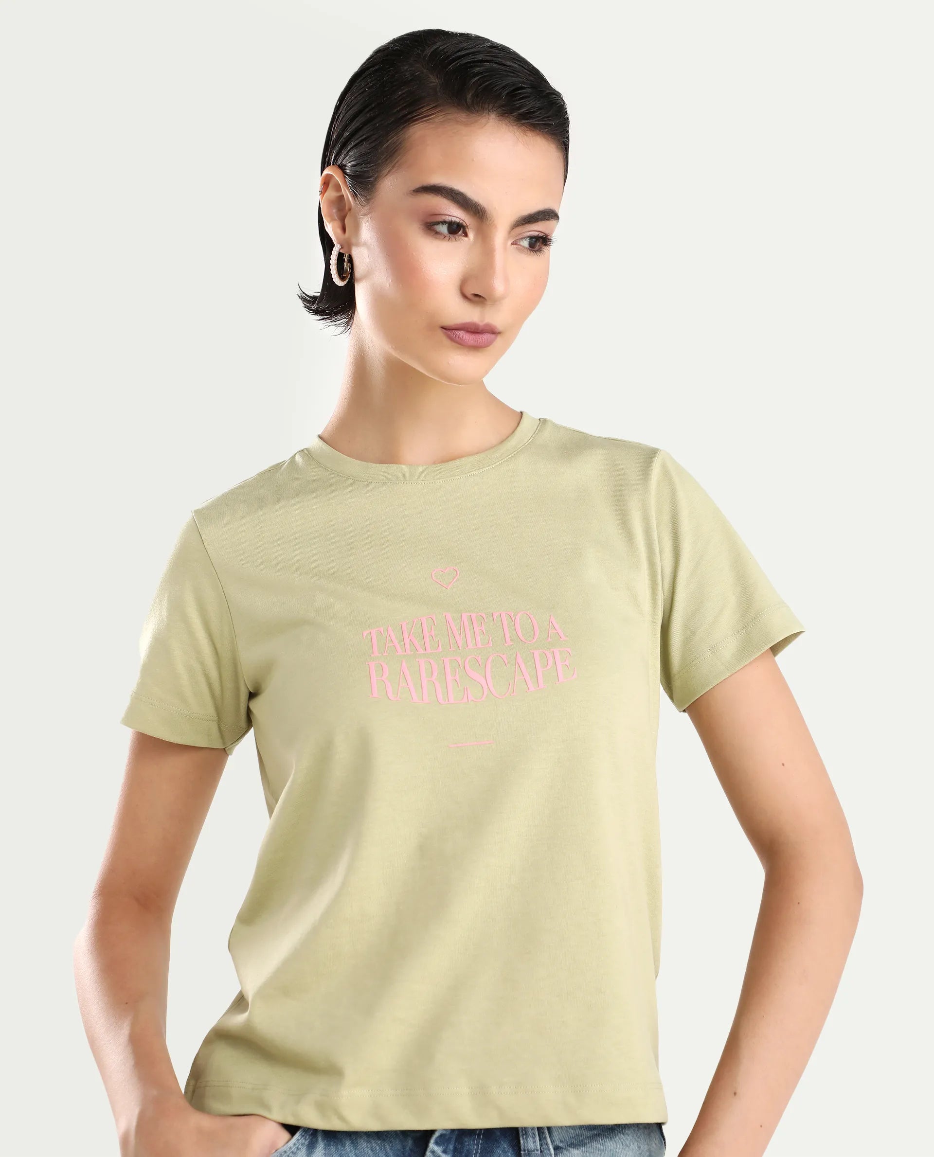 Rareism Women's Erin Light Green Cotton Blend Crew Neck Graphic Print Regular Fit T-Shirt