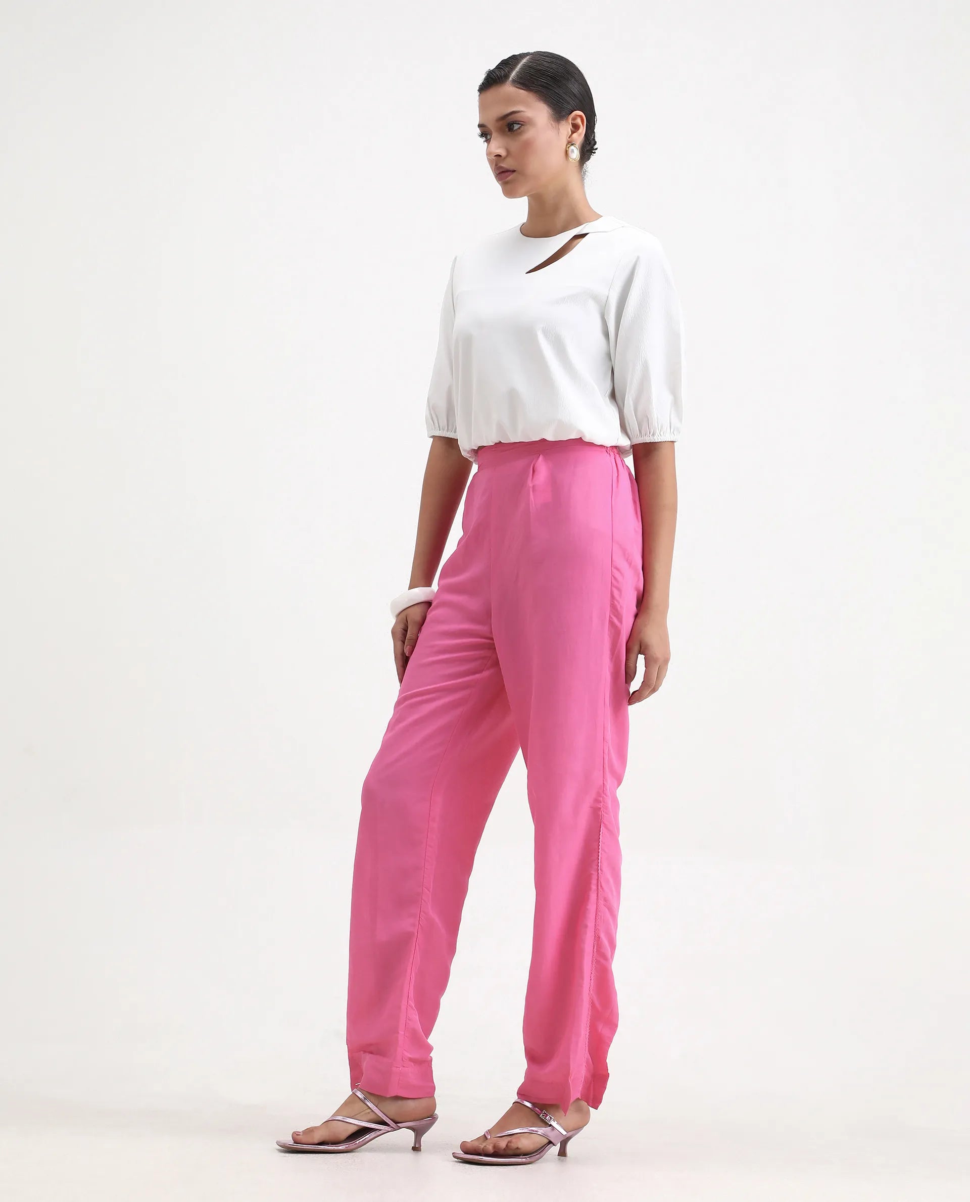 Rareism Women's Erin Pink Cotton Linen Plain Ankle Length Tailored Trouser