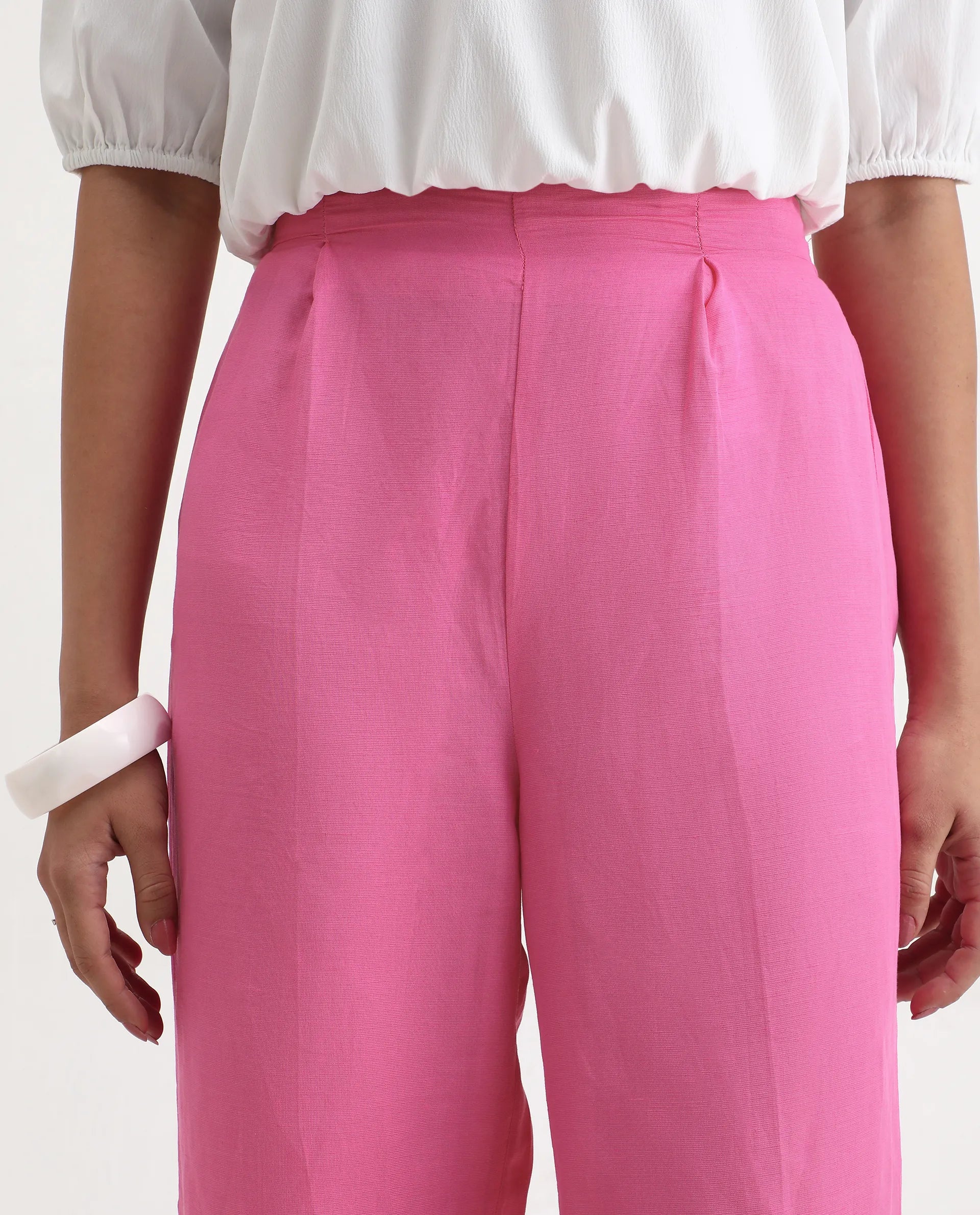 Rareism Women's Erin Pink Cotton Linen Plain Ankle Length Tailored Trouser