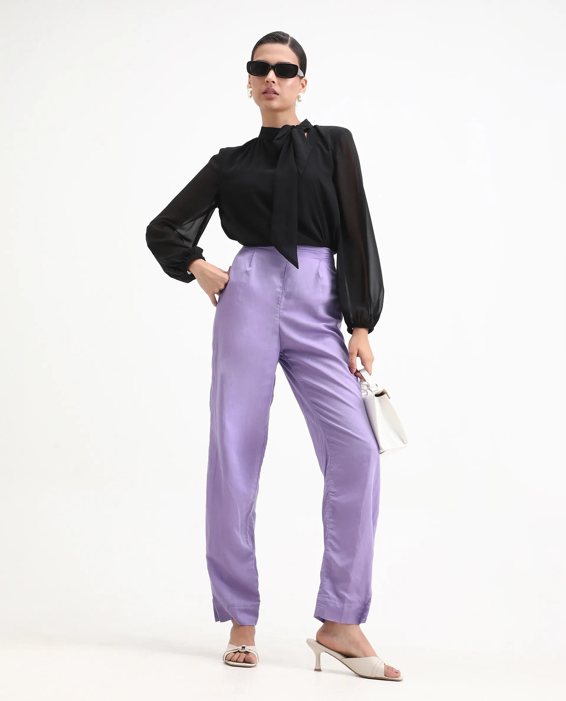 Rareism Women's Erin Purple Cotton Linen Plain Ankle Length Tailored Trouser