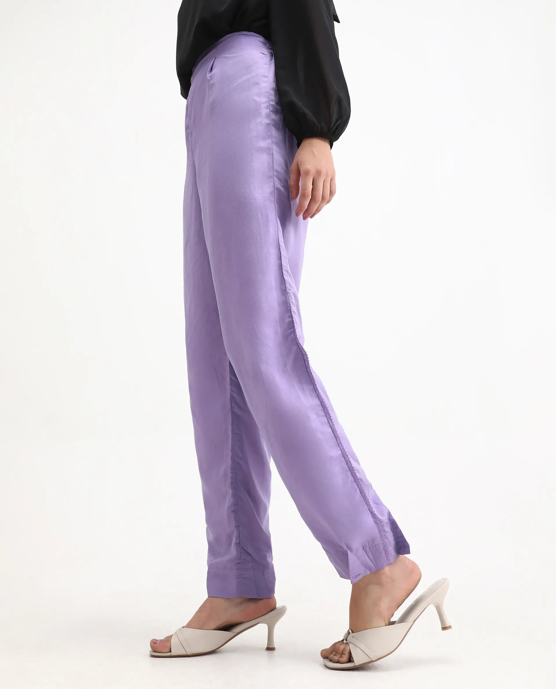 Rareism Women's Erin Purple Cotton Linen Plain Ankle Length Tailored Trouser