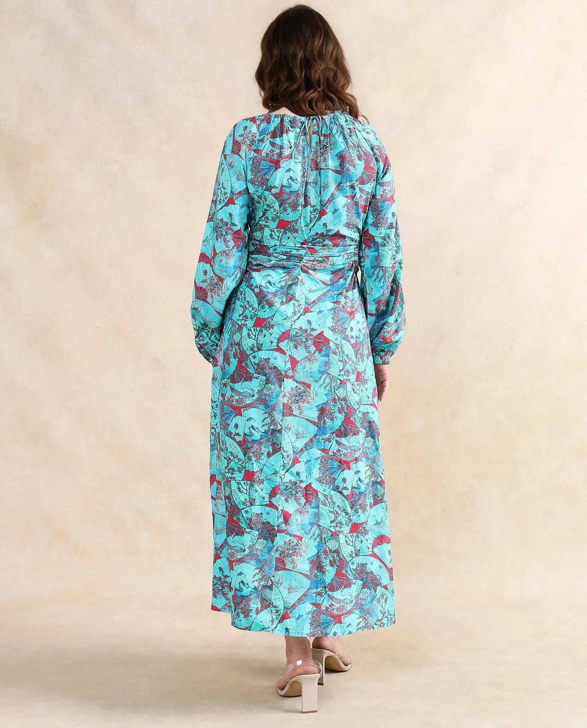 Rareism Women's Eritram Multi Viscose Fabric Crew Neck  Puff Sleeve Abstract A-Line Maxi Dress