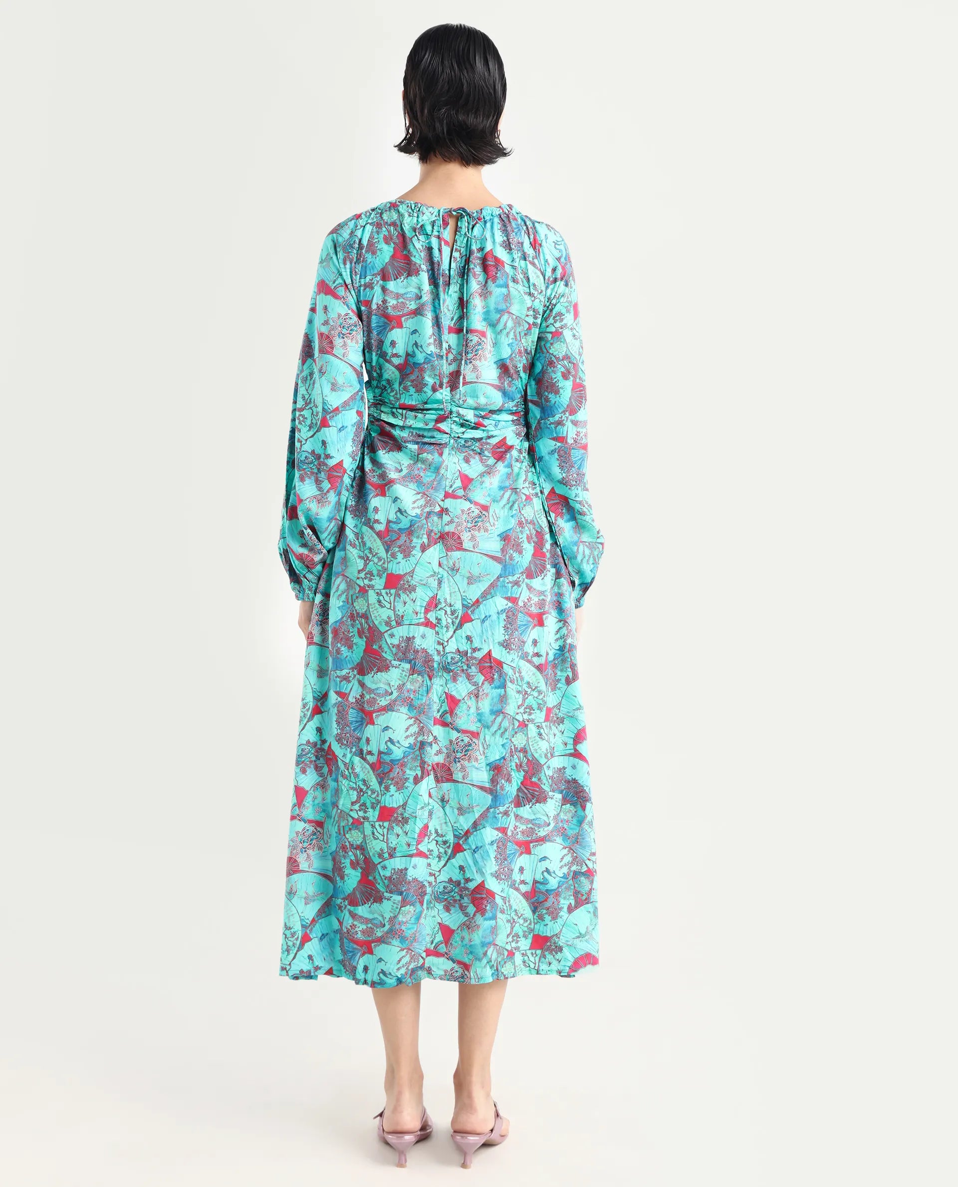 Rareism Women's Viscose Crew Neck Abstract Print Puff Sleeves Maxi A-Line Dress