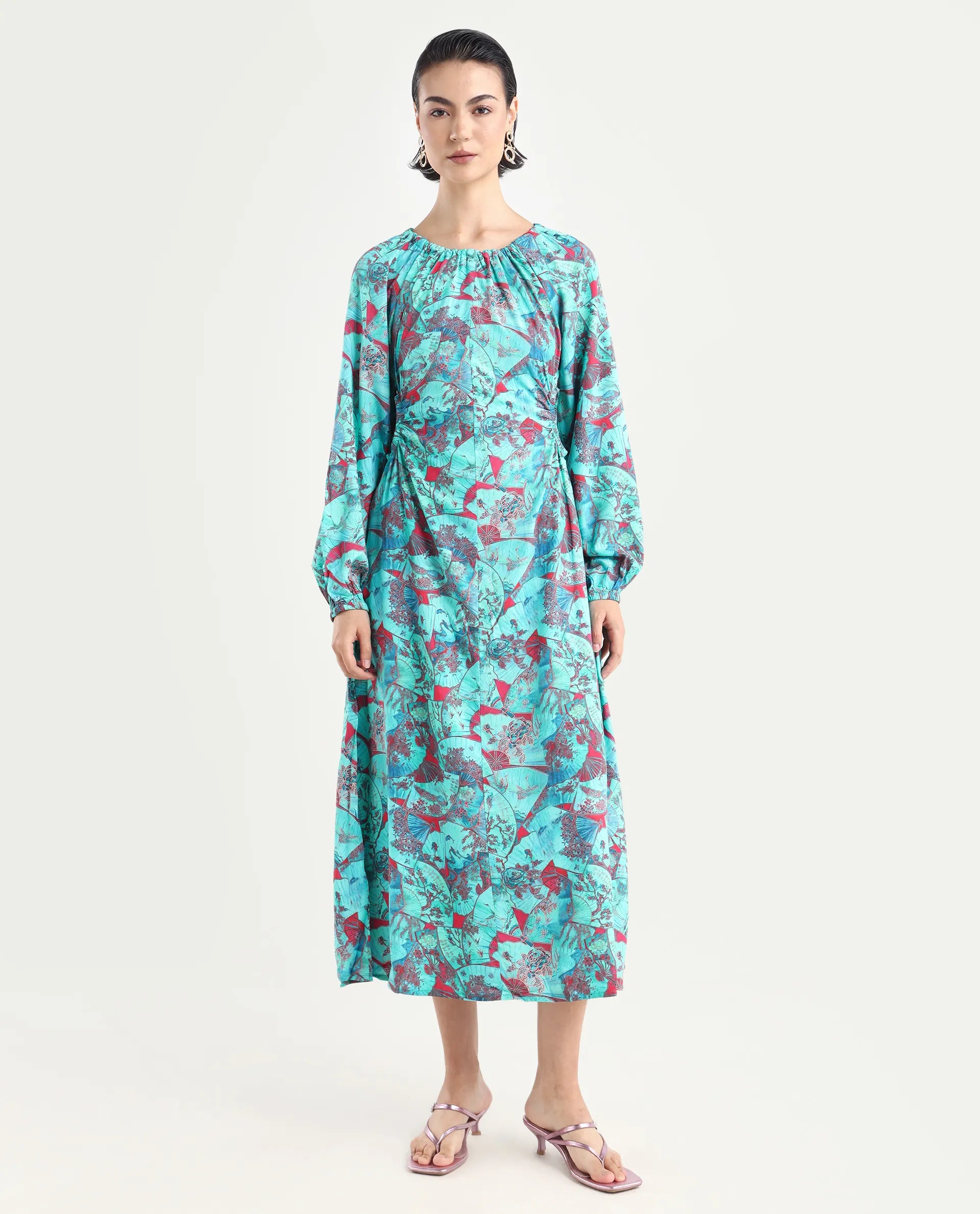 Rareism Women's Viscose Crew Neck Abstract Print Puff Sleeves Maxi A-Line Dress