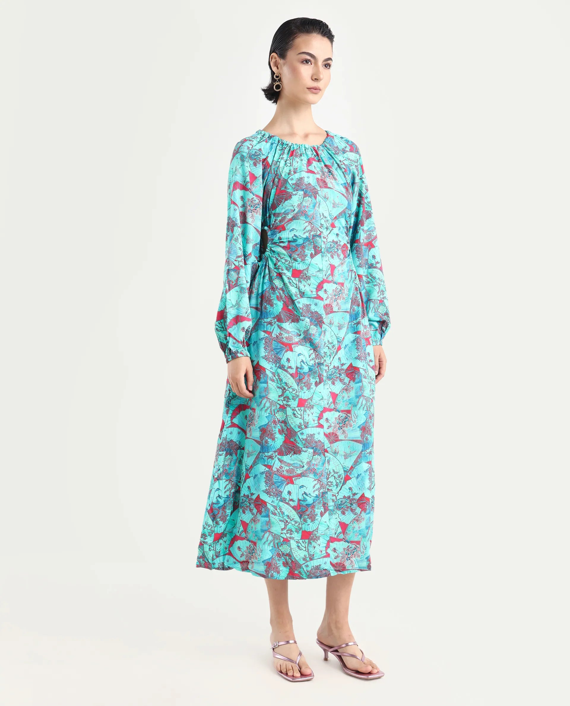 Rareism Women's Viscose Crew Neck Abstract Print Puff Sleeves Maxi A-Line Dress