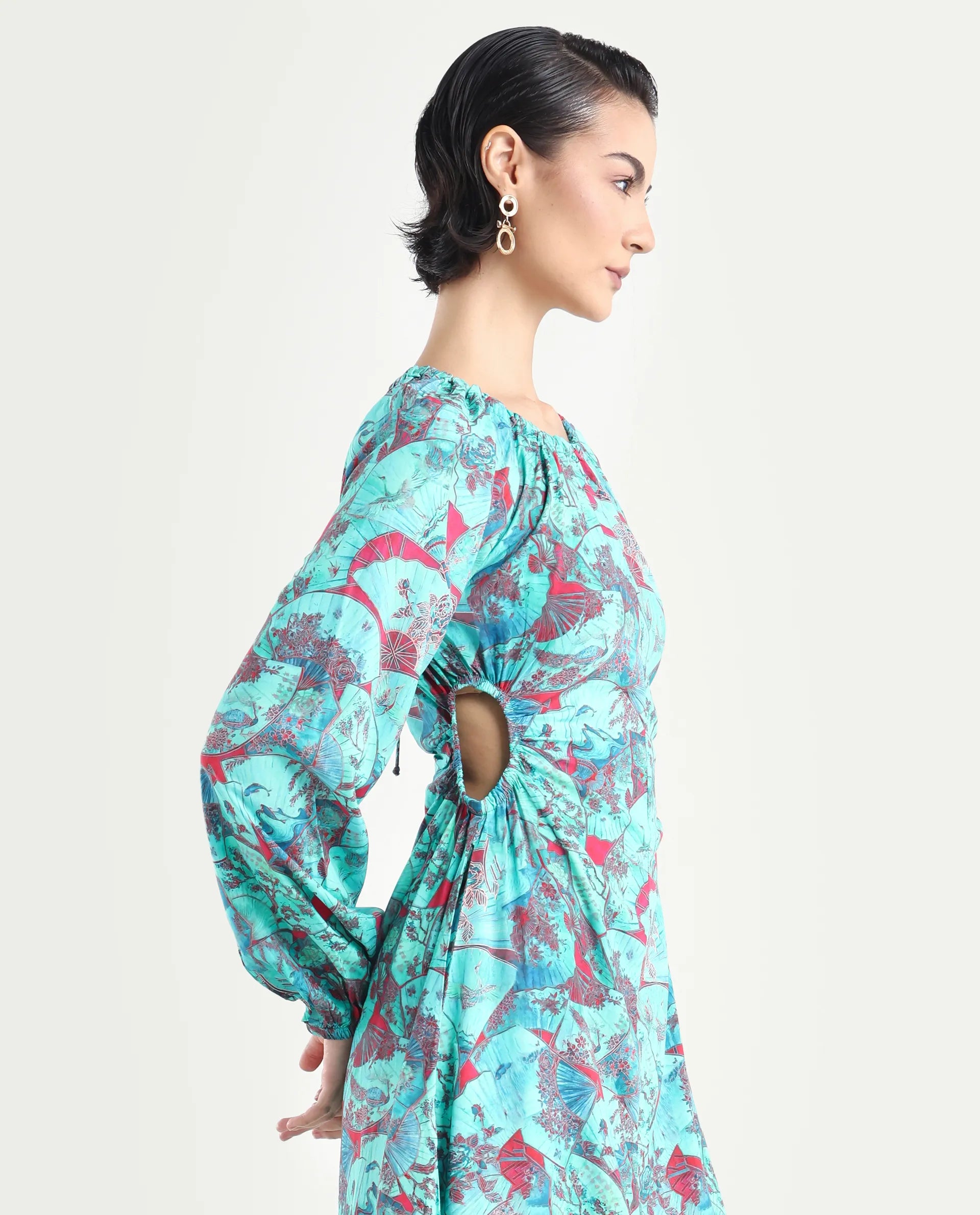 Rareism Women's Viscose Crew Neck Abstract Print Puff Sleeves Maxi A-Line Dress