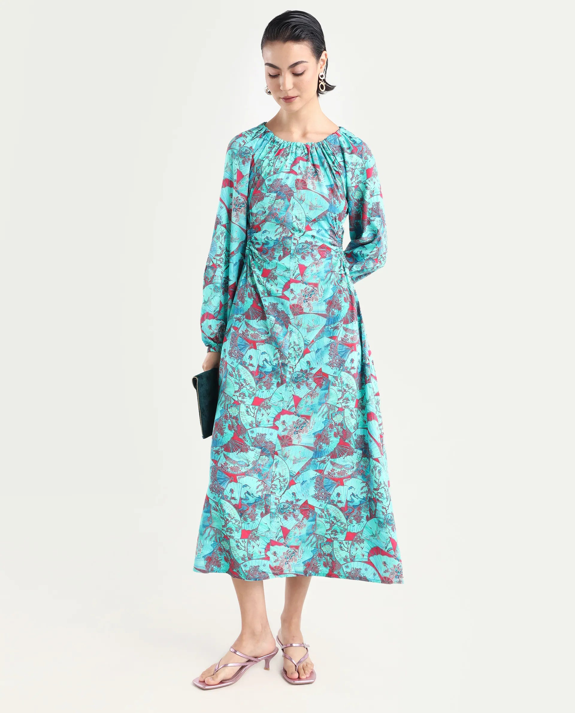 Rareism Women's Viscose Crew Neck Abstract Print Puff Sleeves Maxi A-Line Dress