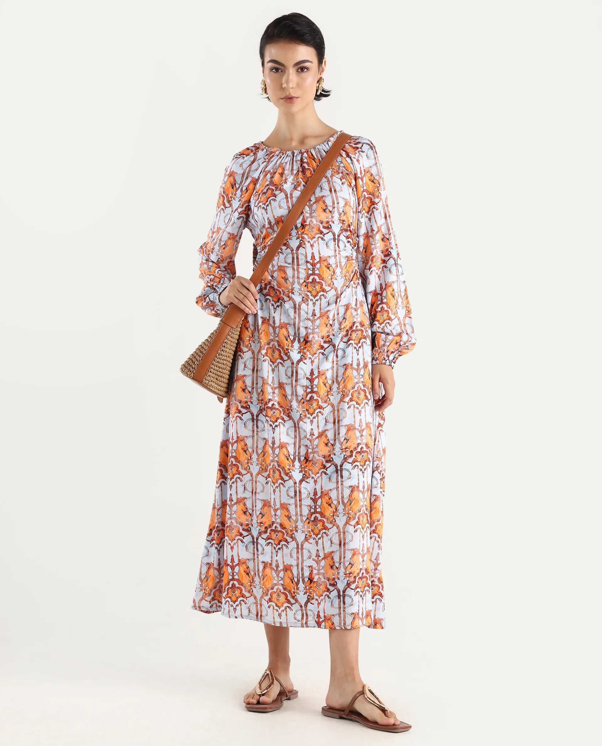 Rareism Women's Eritra Light Multi Viscose Crew Neck Abstract Print Puff Sleeves Maxi A-Line Dress