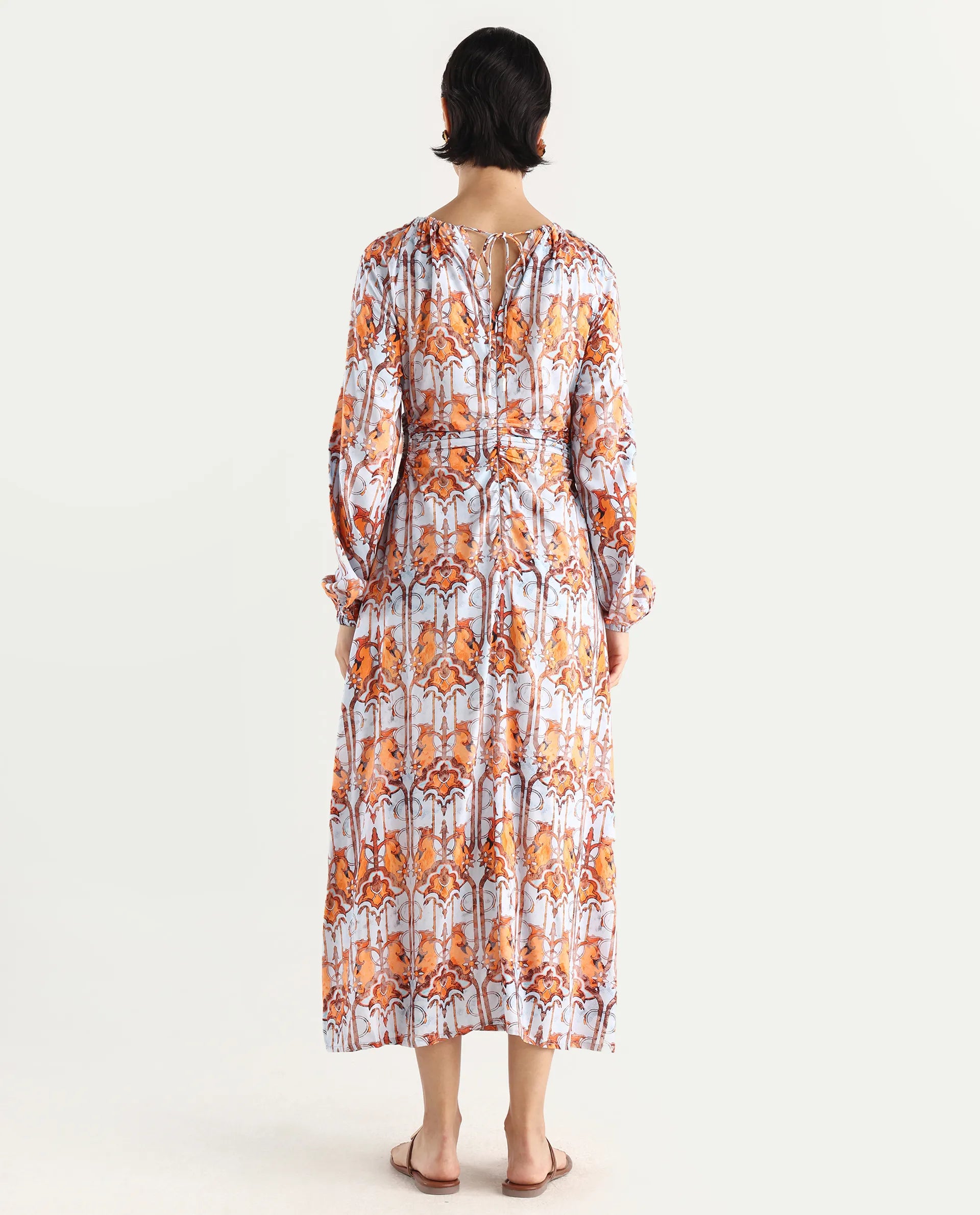 Rareism Women's Eritra Light Multi Viscose Crew Neck Abstract Print Puff Sleeves Maxi A-Line Dress