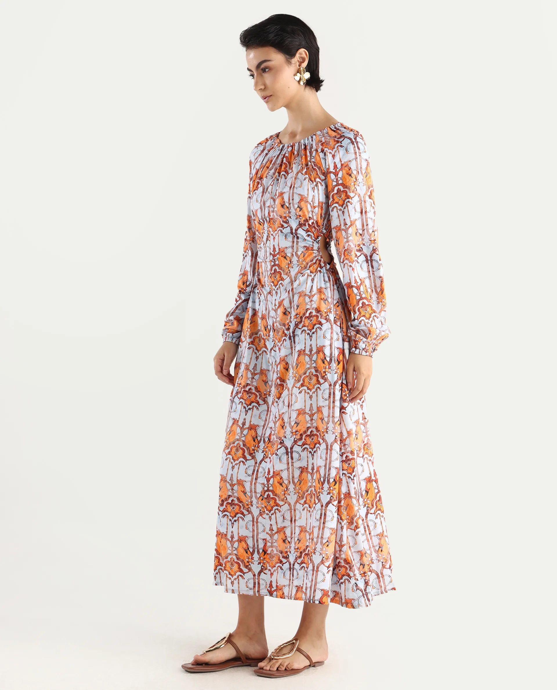 Rareism Women's Eritra Light Multi Viscose Crew Neck Abstract Print Puff Sleeves Maxi A-Line Dress