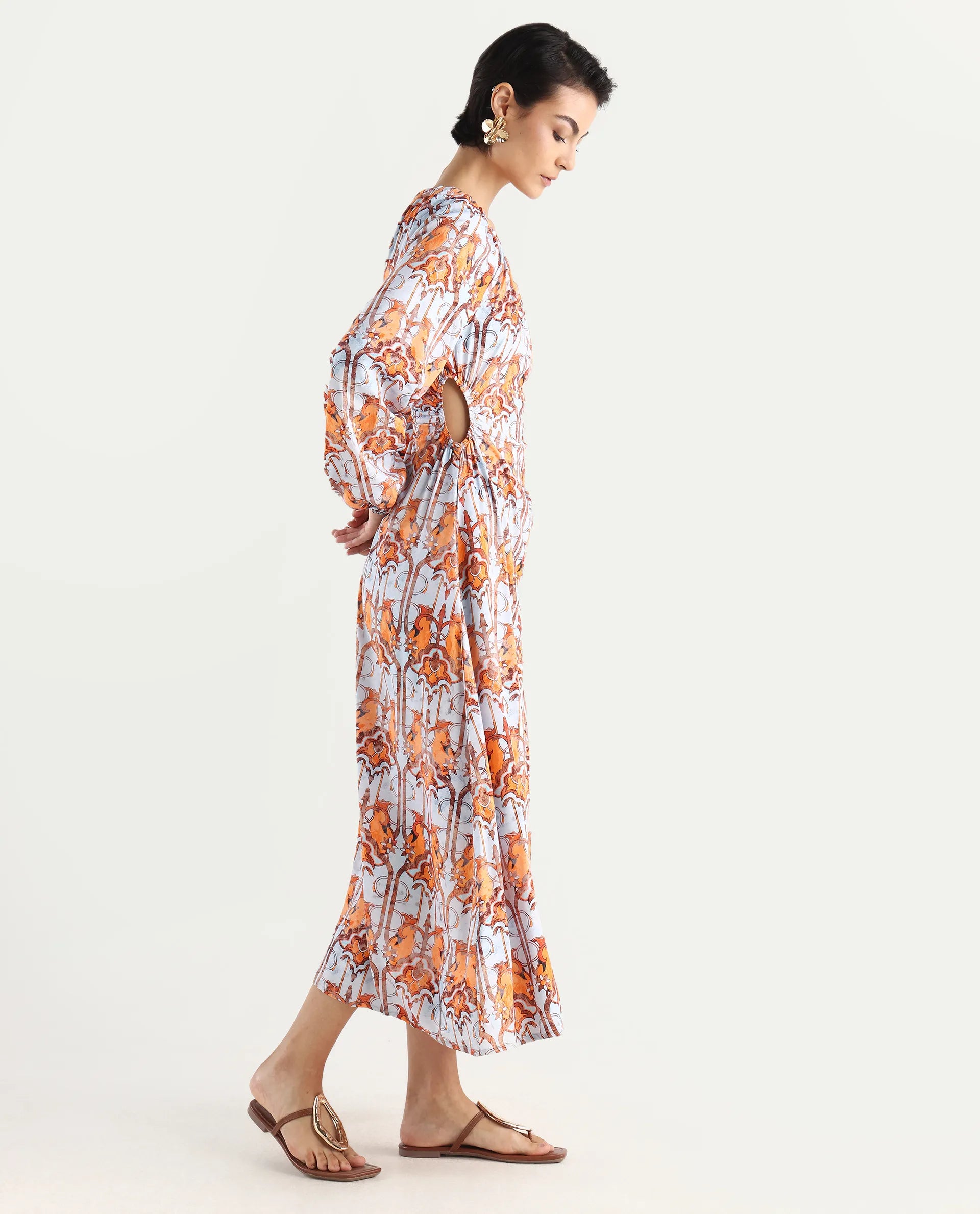 Rareism Women's Eritra Light Multi Viscose Crew Neck Abstract Print Puff Sleeves Maxi A-Line Dress