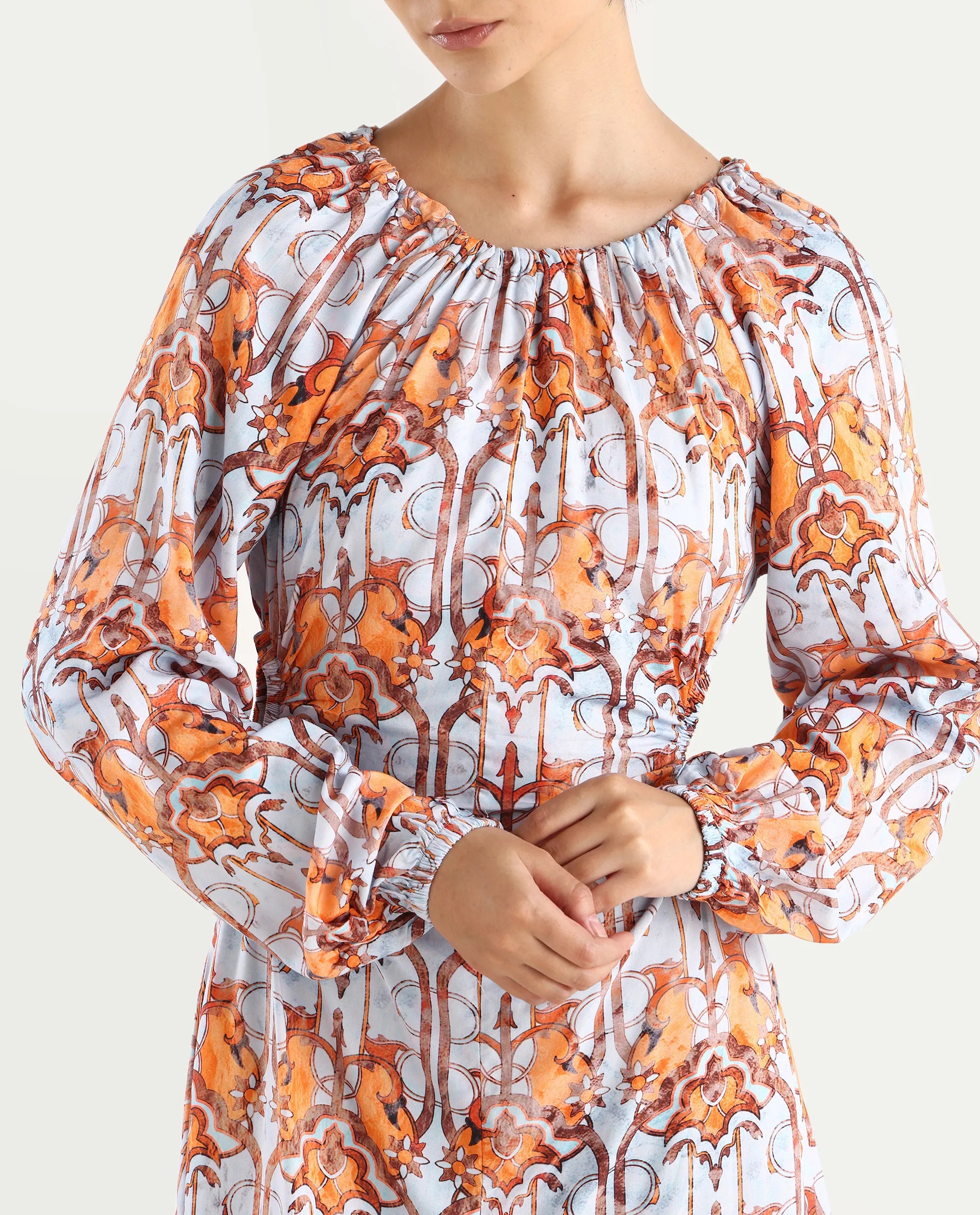 Rareism Women's Eritra Light Multi Viscose Crew Neck Abstract Print Puff Sleeves Maxi A-Line Dress