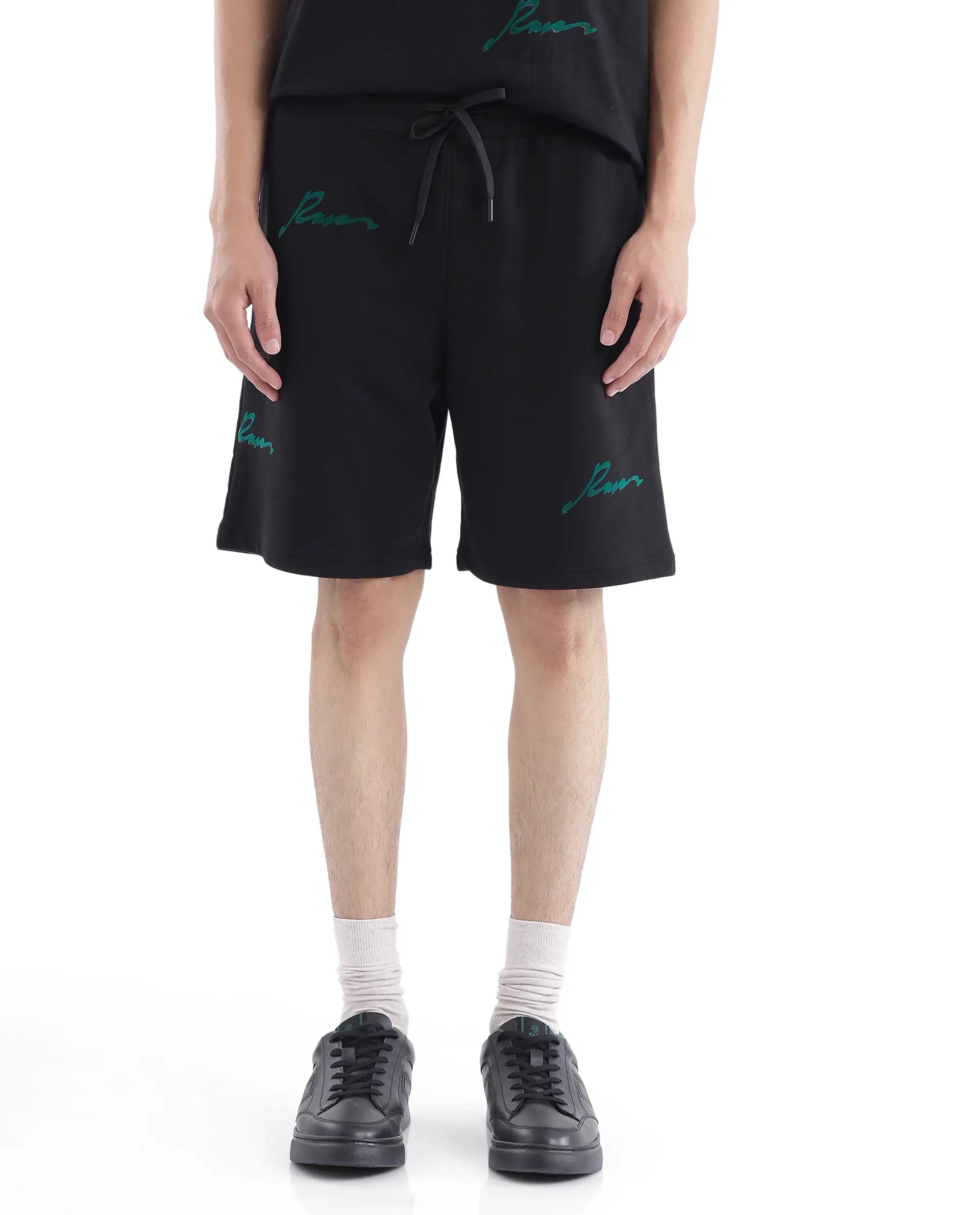 Rare Rabbit Men Erken-B Black Cotton Polyester Fabric Short Sleeve Boxy Fit Printed Shorts