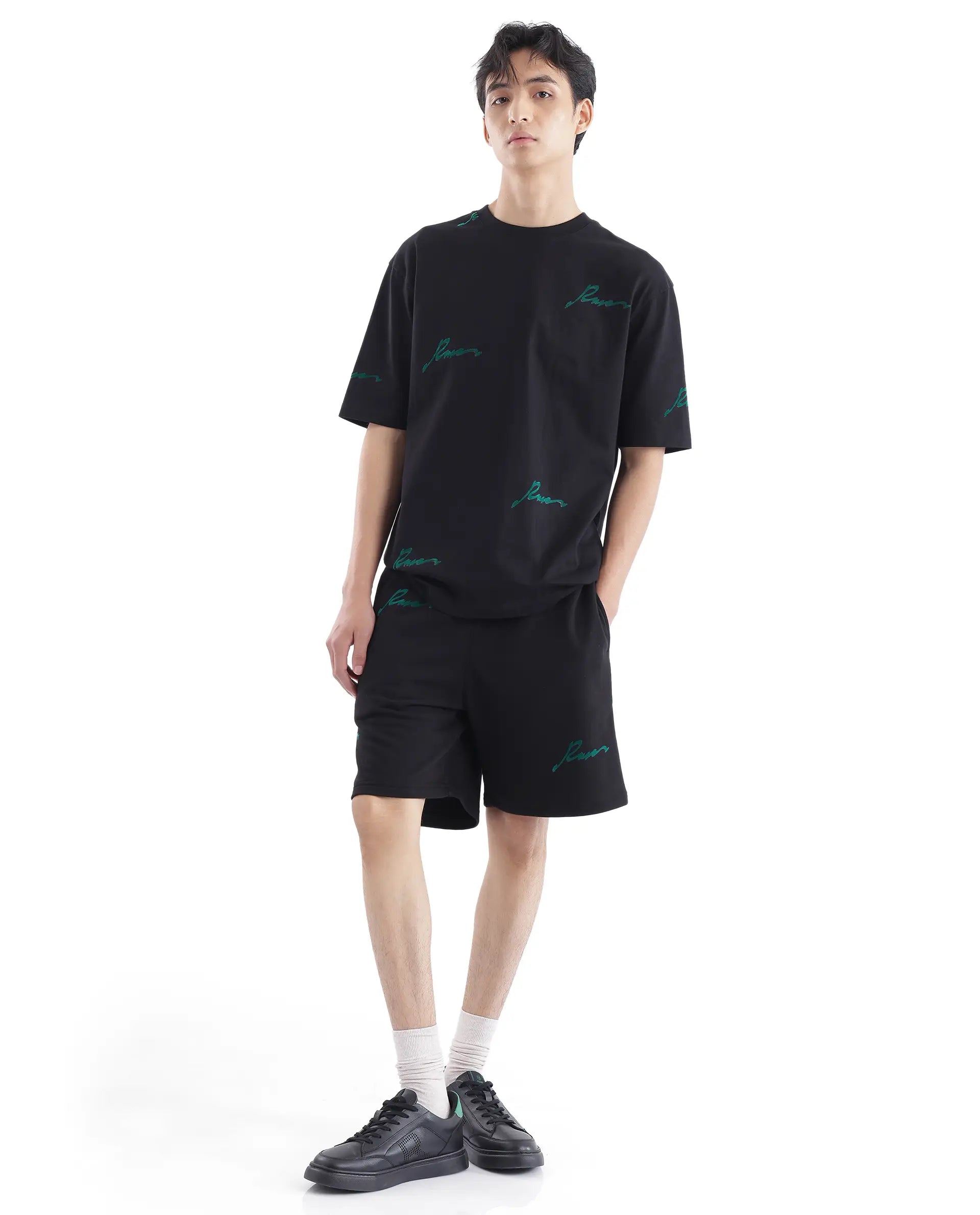 Rare Rabbit Men Erken-B Black Cotton Polyester Fabric Short Sleeve Boxy Fit Typography Print Shorts