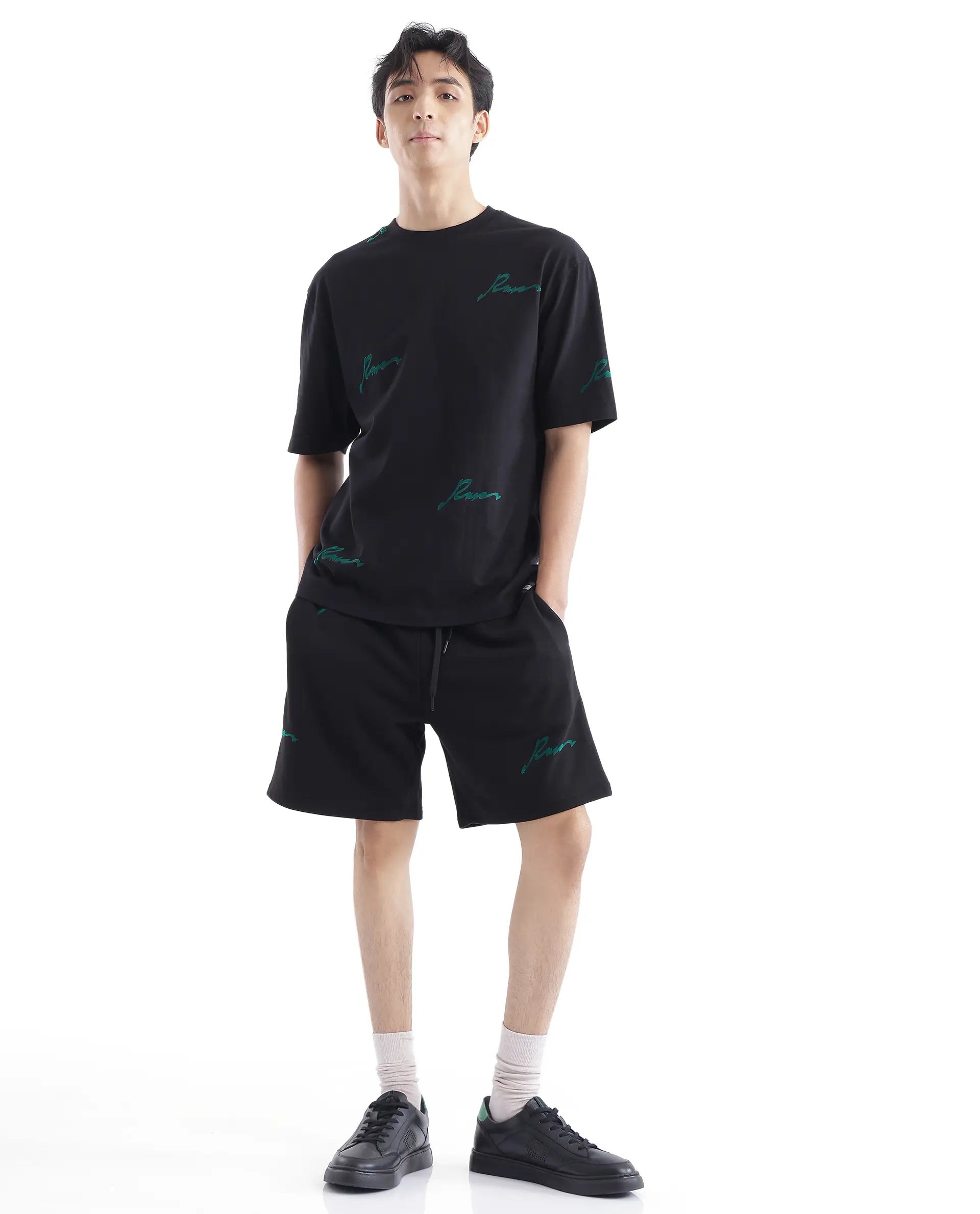 Rare Rabbit Men Erken Black Cotton Fabric Short Sleeve Crew Neck Oversized Fit Graphic Typography Print T-Shirt