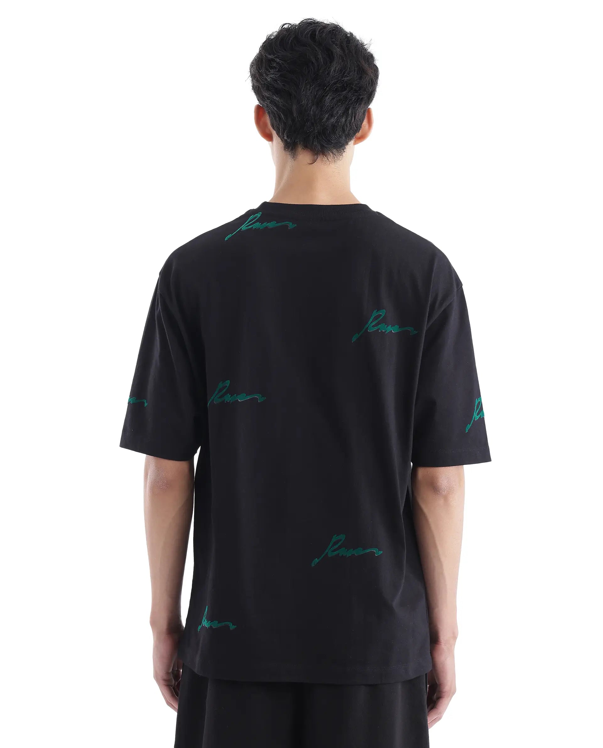 Rare Rabbit Men Erken Black Cotton Fabric Short Sleeve Crew Neck Oversized Fit Graphic Typography Print T-Shirt