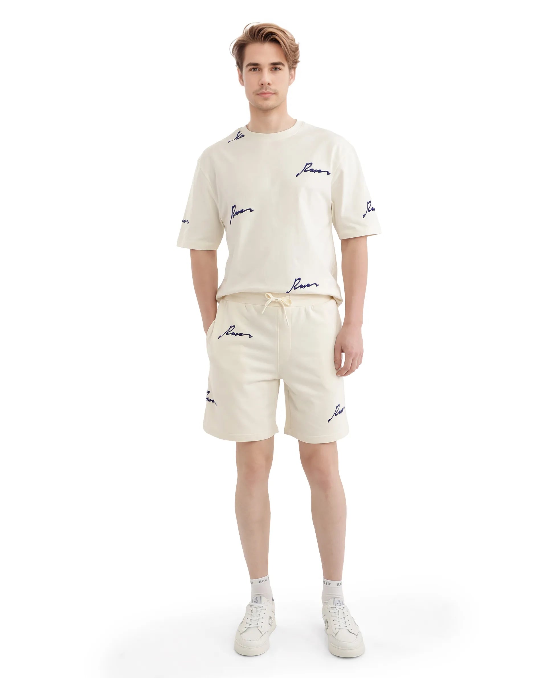 Rare Rabbit Men Erken-B Off White Cotton Polyester Fabric Short Sleeve Boxy Fit Printed Shorts