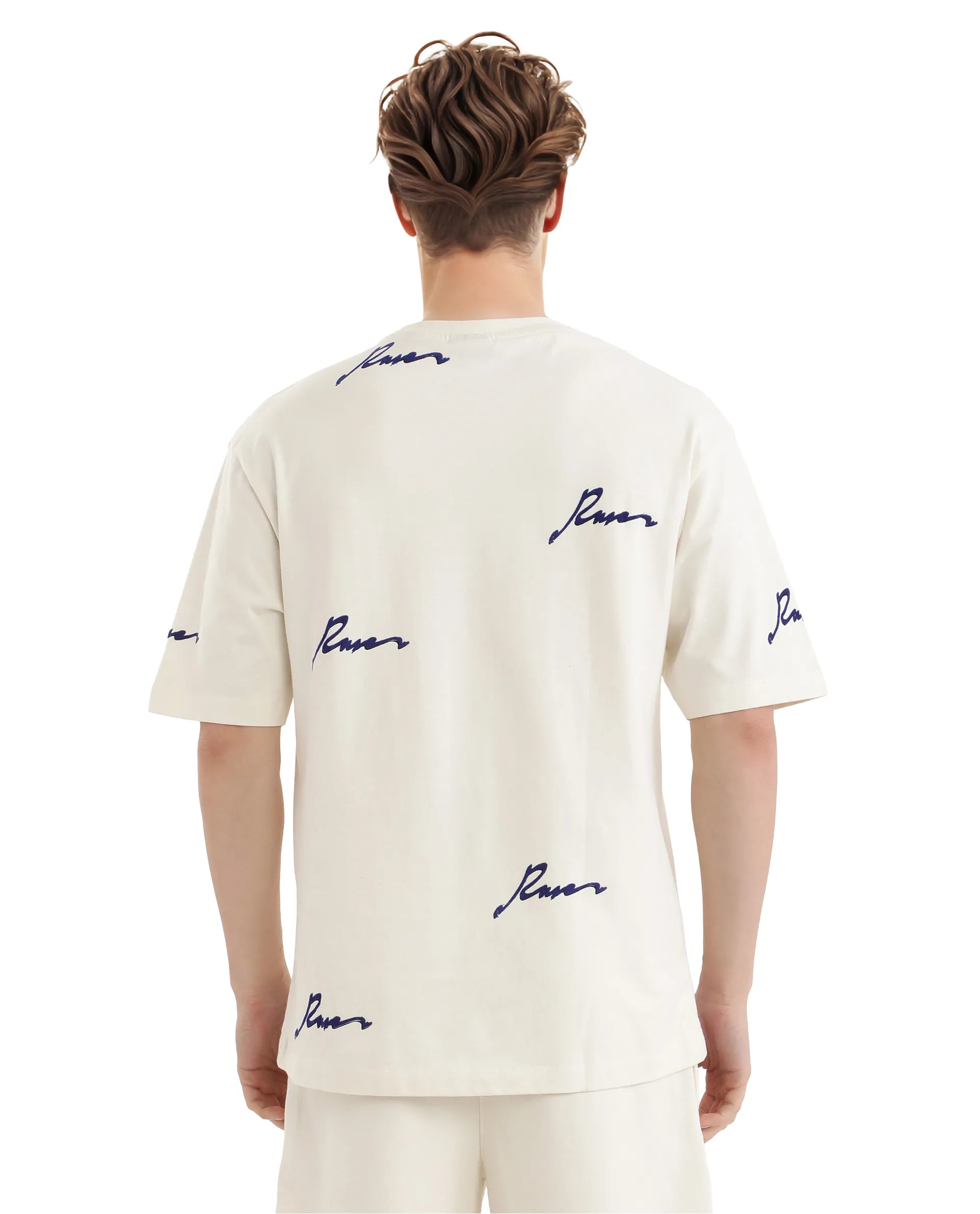 Rare Rabbit Men Erken Off White Cotton Fabric Short Sleeve Crew Neck Oversized Fit Graphic Typography Print T-Shirt