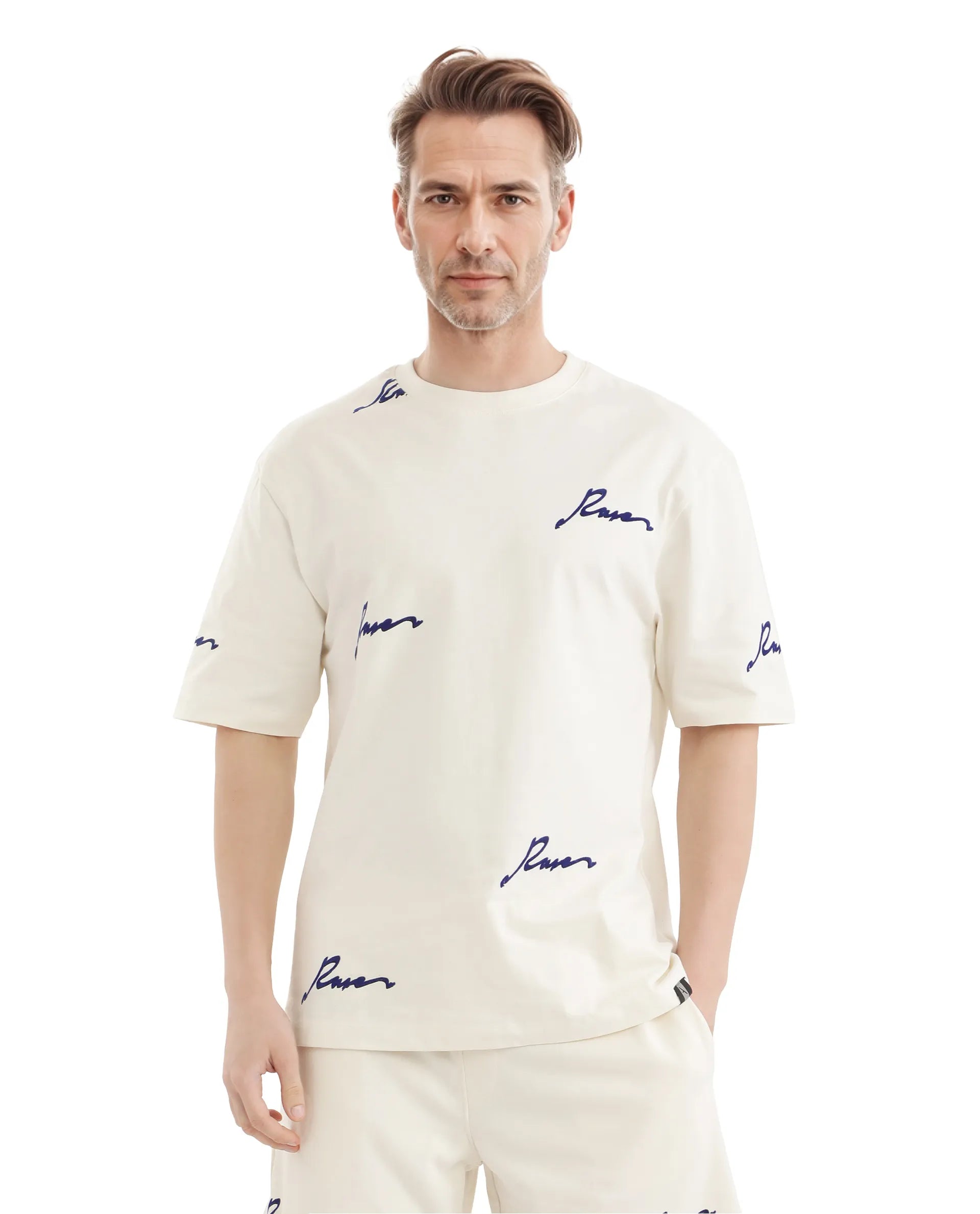 Rare Rabbit Men Erken Off White Cotton Fabric Short Sleeve Crew Neck Oversized Fit Graphic Typography Print T-Shirt