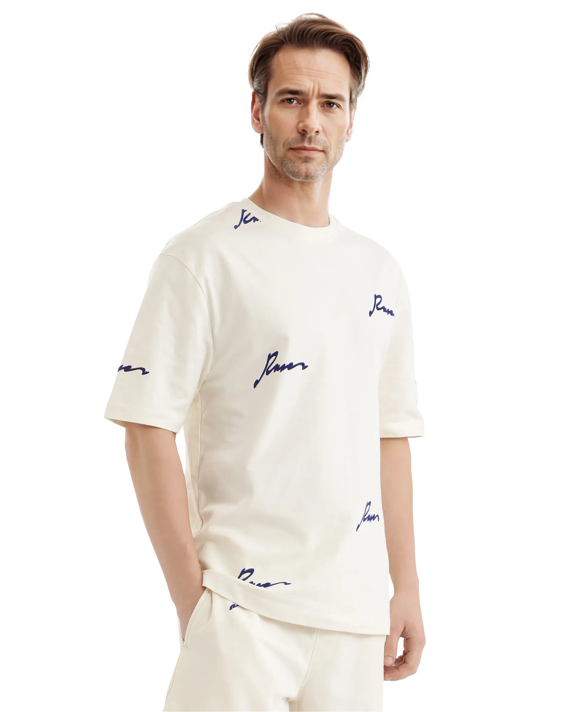 Rare Rabbit Men Erken Off White Cotton Fabric Short Sleeve Crew Neck Oversized Fit Graphic Typography Print T-Shirt