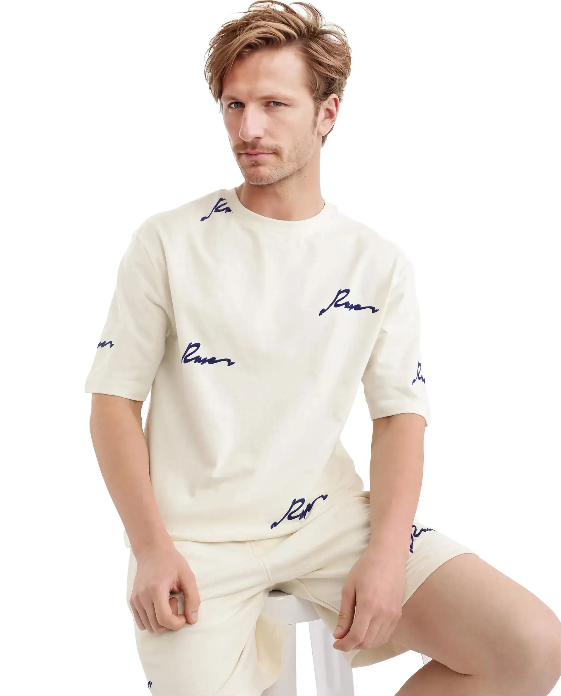 Rare Rabbit Men Erken Off White Cotton Fabric Short Sleeve Crew Neck Oversized Fit Graphic Typography Print T-Shirt