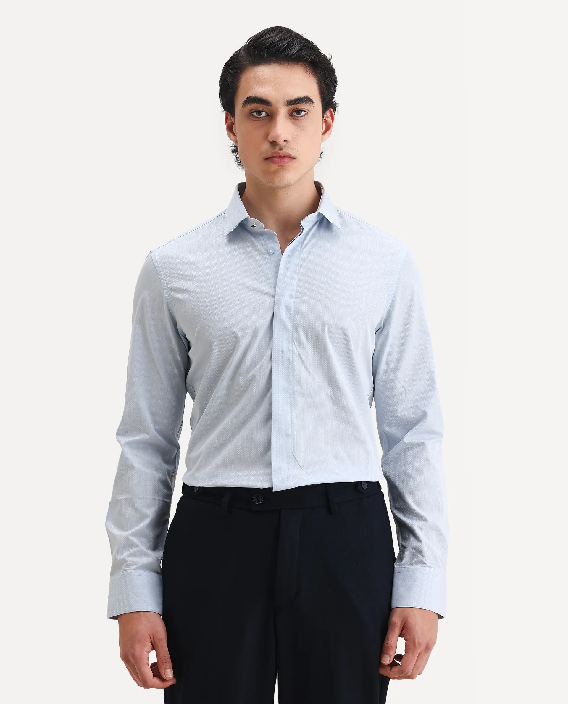 Rare Rabbit Men's Erlane Pastel Blue Cotton Plain Regular Fit Full Sleeve Collared Shirt