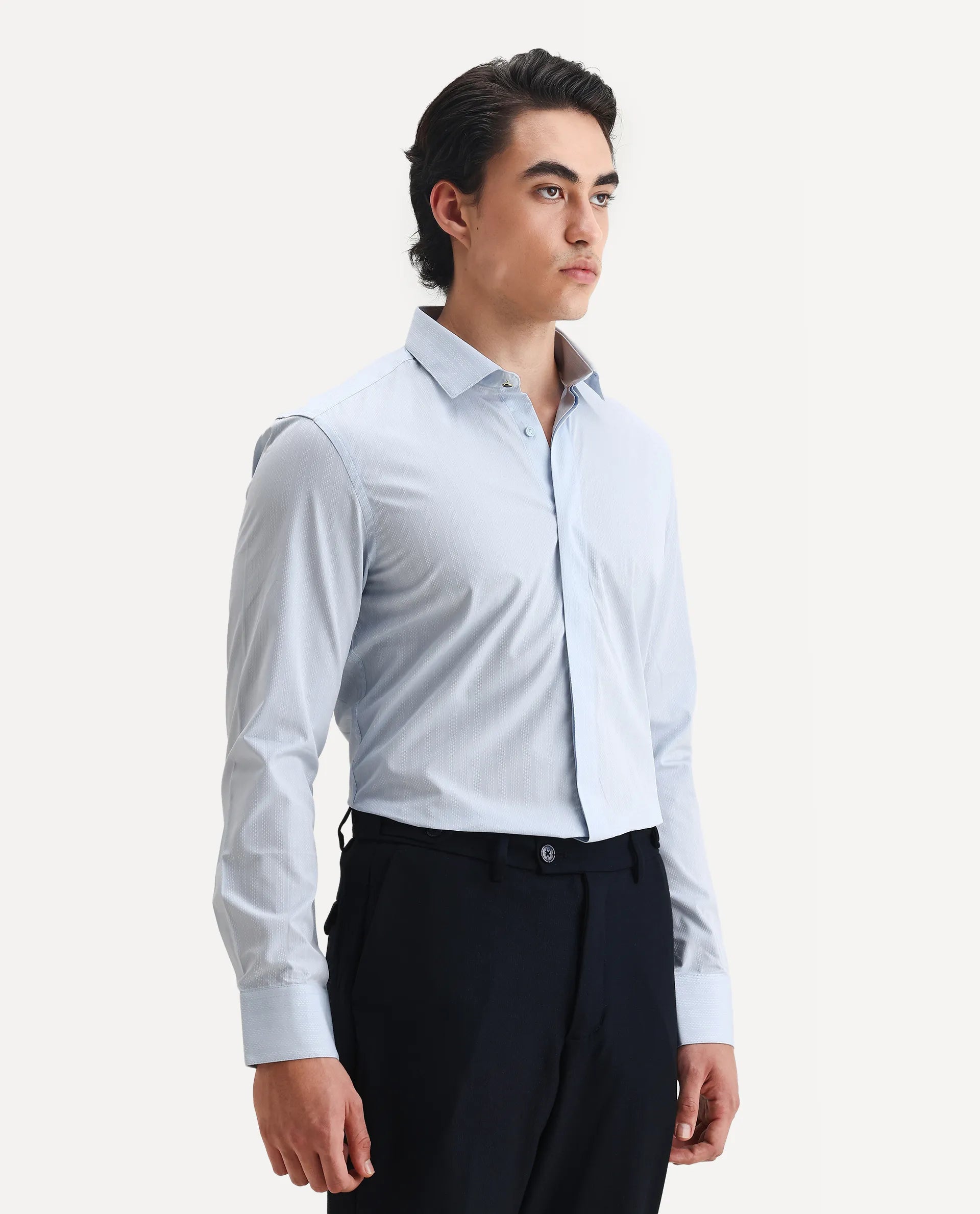 Rare Rabbit Men's Erlane Pastel Blue Cotton Plain Regular Fit Full Sleeve Collared Shirt