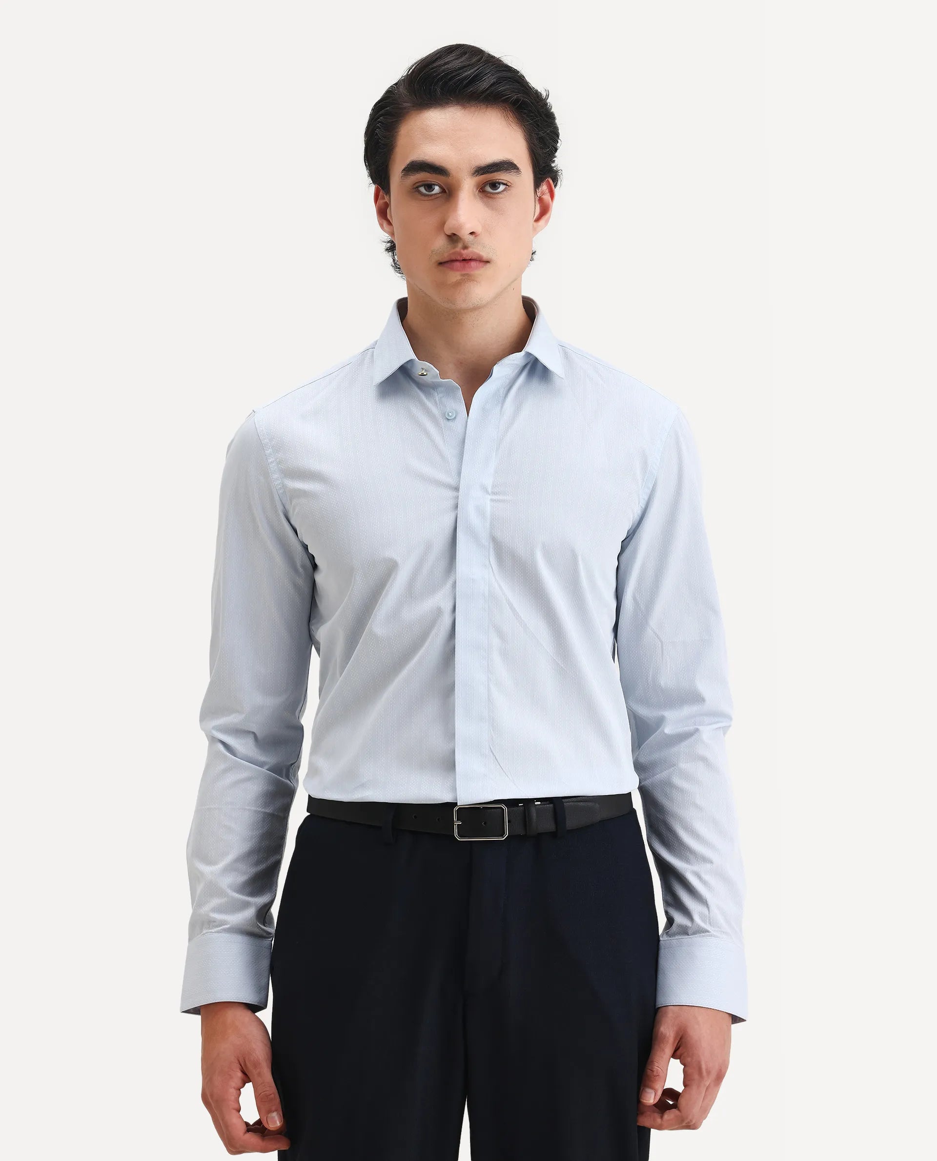 Rare Rabbit Men's Erlane Pastel Blue Cotton Plain Regular Fit Full Sleeve Collared Shirt