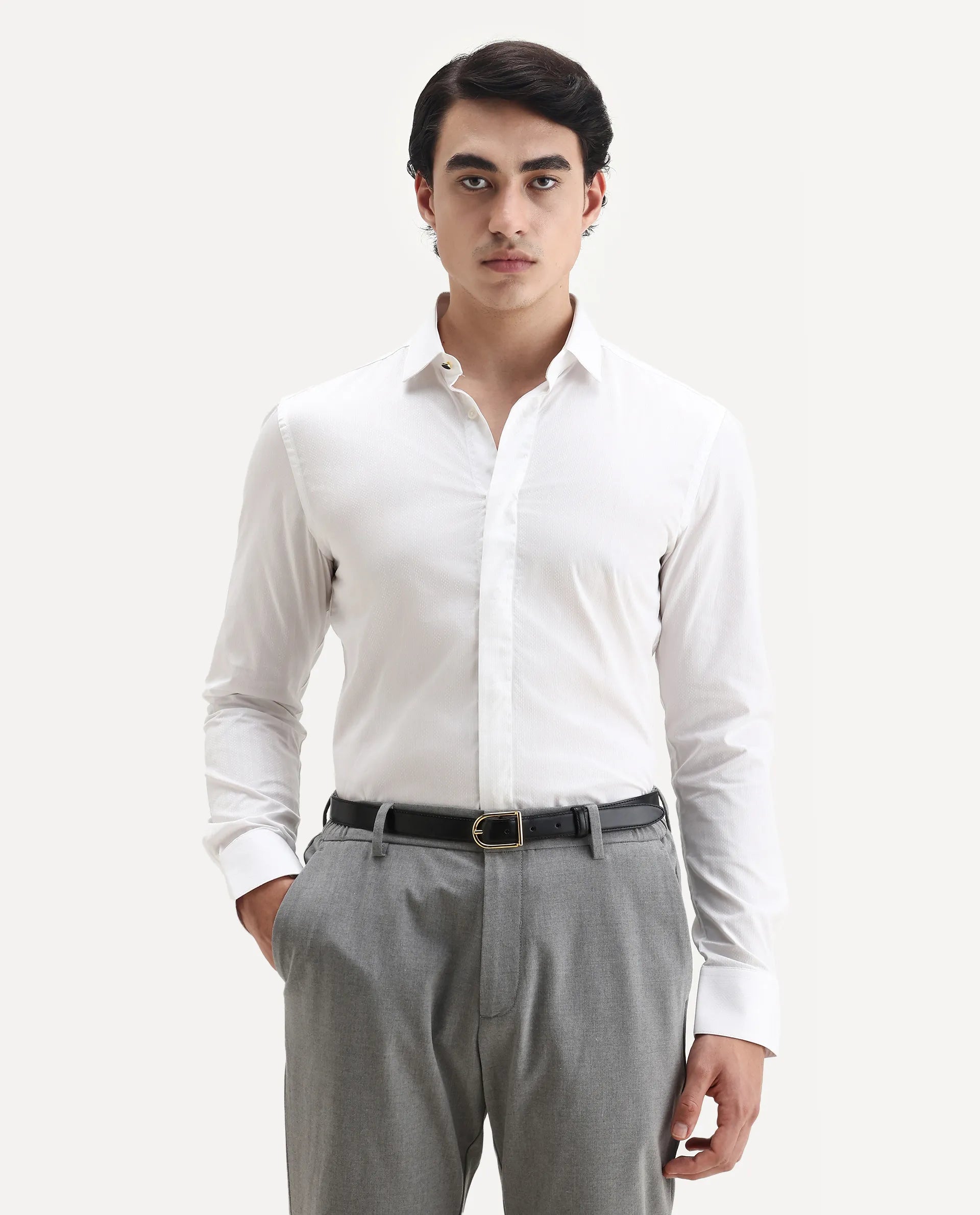 Rare Rabbit Men's Erlane White Cotton Plain Regular Fit Full Sleeve Collared Shirt