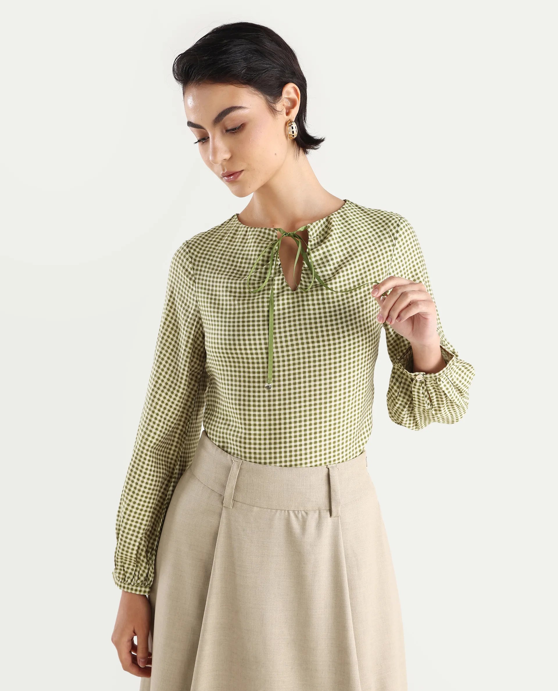 Rareism Women's Erlinee Olive Polyester Tie-Up Neck Flannel Print Bishop Sleeve Regular Fitted Top