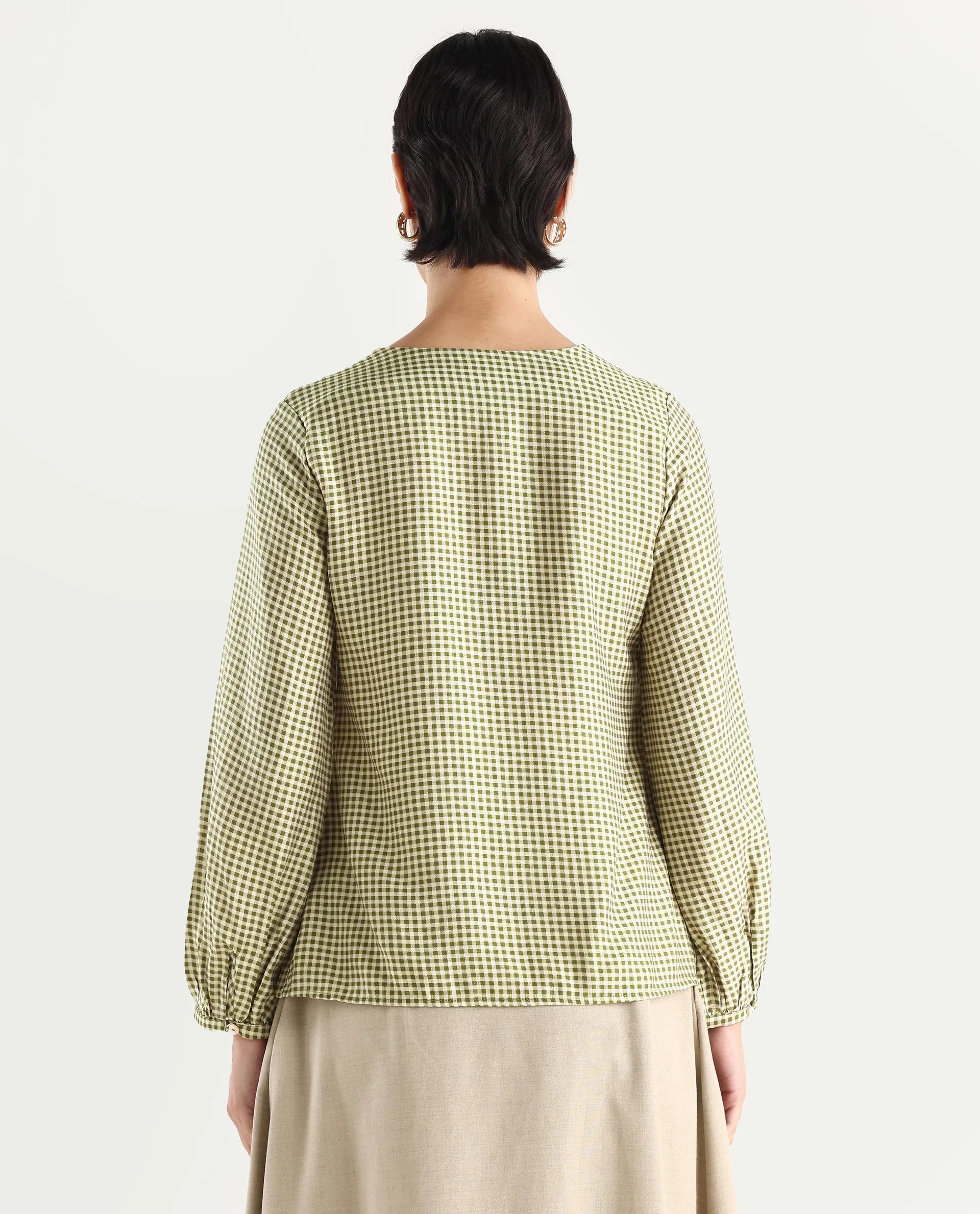 Rareism Women's Erlinee Olive Polyester Tie-Up Neck Flannel Print Bishop Sleeve Regular Fitted Top