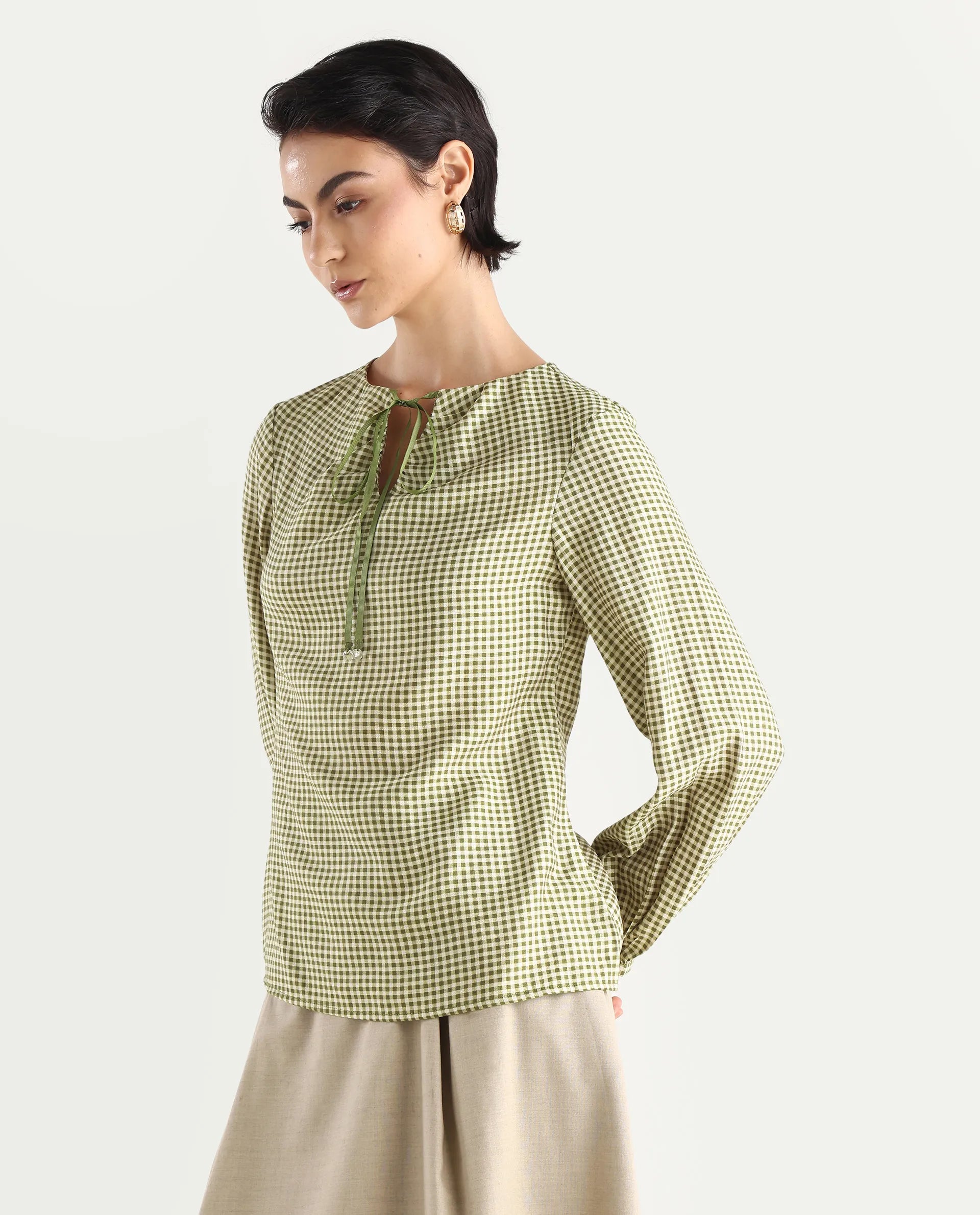 Rareism Women's Erlinee Olive Polyester Tie-Up Neck Flannel Print Bishop Sleeve Regular Fitted Top