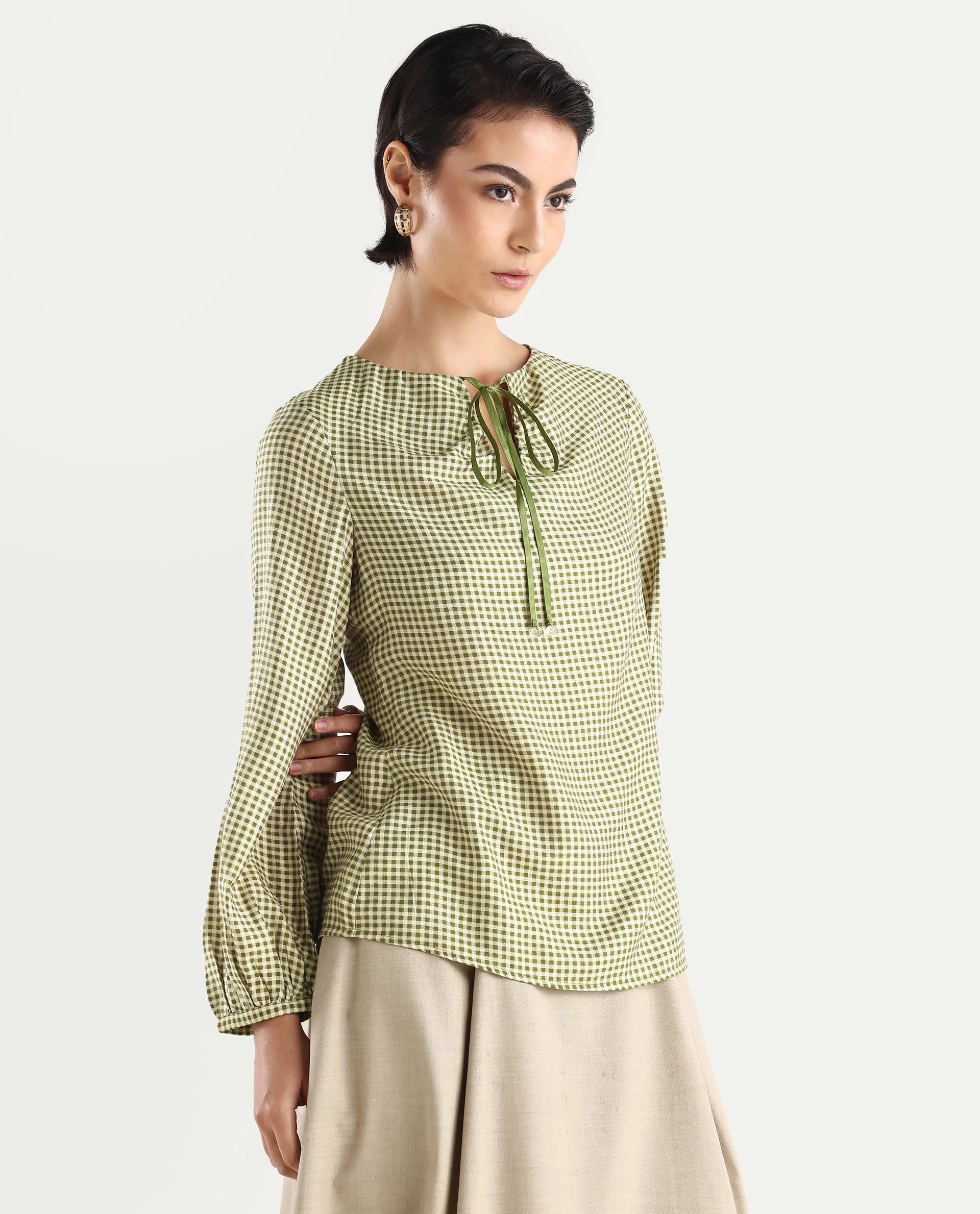 Rareism Women's Erlinee Olive Polyester Tie-Up Neck Flannel Print Bishop Sleeve Regular Fitted Top