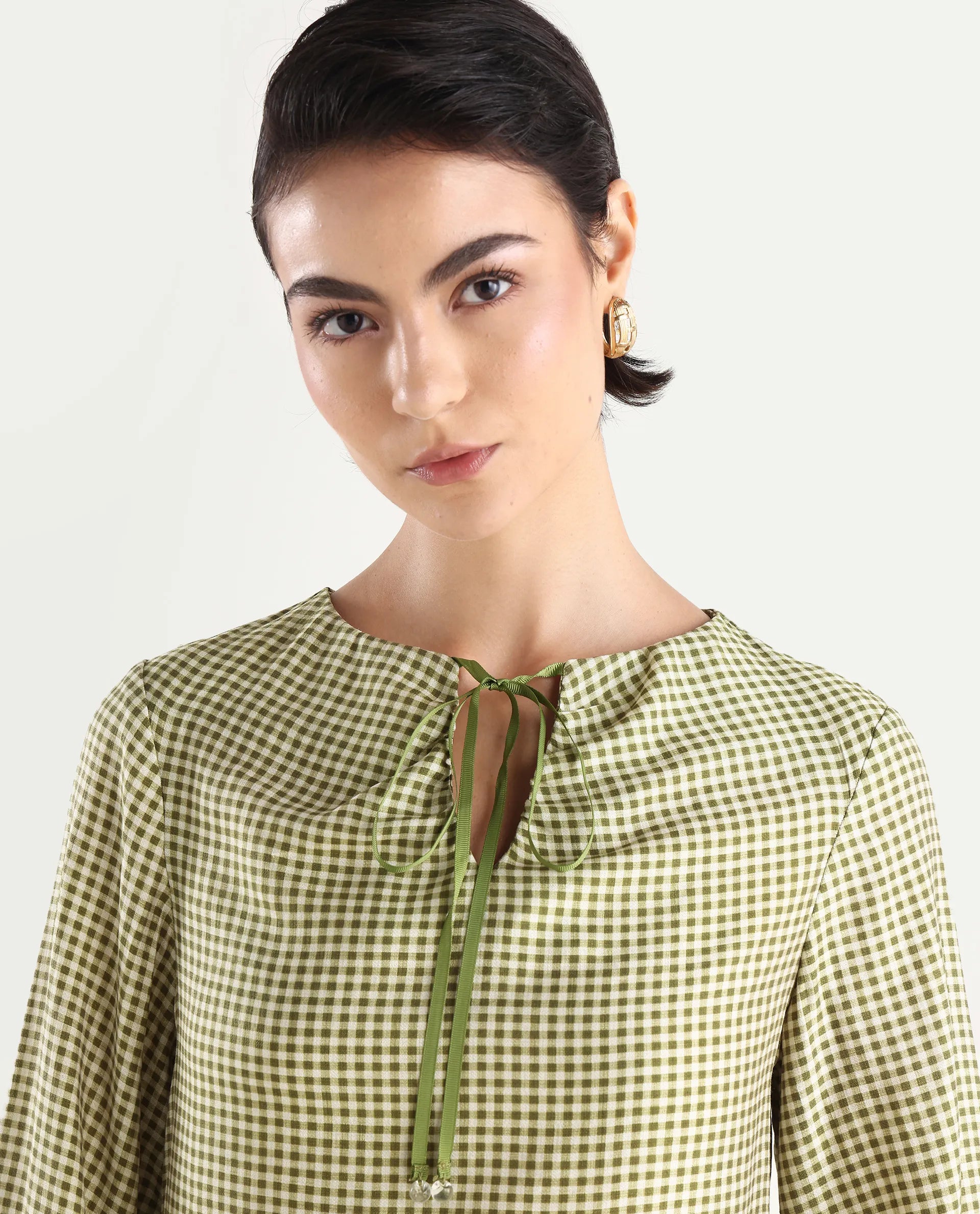 Rareism Women's Erlinee Olive Polyester Tie-Up Neck Flannel Print Bishop Sleeve Regular Fitted Top